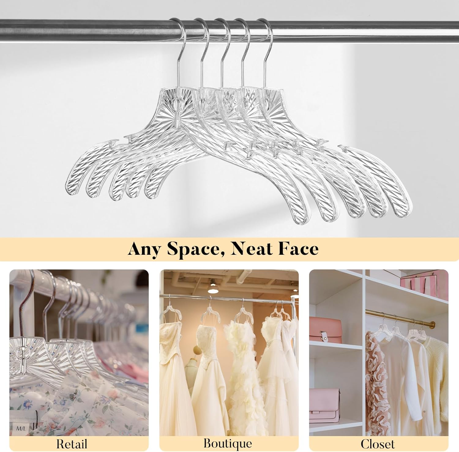 HOUSE DAY Clear Plastic Hangers 12 Pack, Durable Crystal Hangers for Clothes, Light Weight Plastic Dress Hanger for Women, Versatile 16.7‘’ Hanger for Closet and Retail Use, with 360° Swivel Hook - Image 7