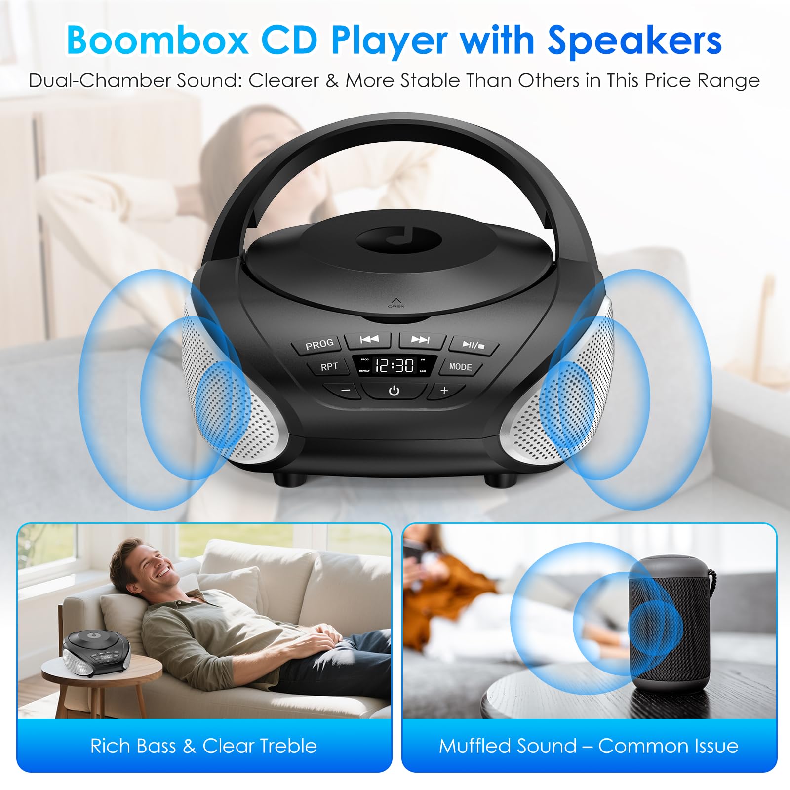 Gueray CD-speler Boombox Bluetooth draagbare cd-speler stereoradio met FM-radio stereo-luidsprekers USB & AUX ingang & hoofdtelefoons poorten LCD-display afstandsbediening (blauw zilver