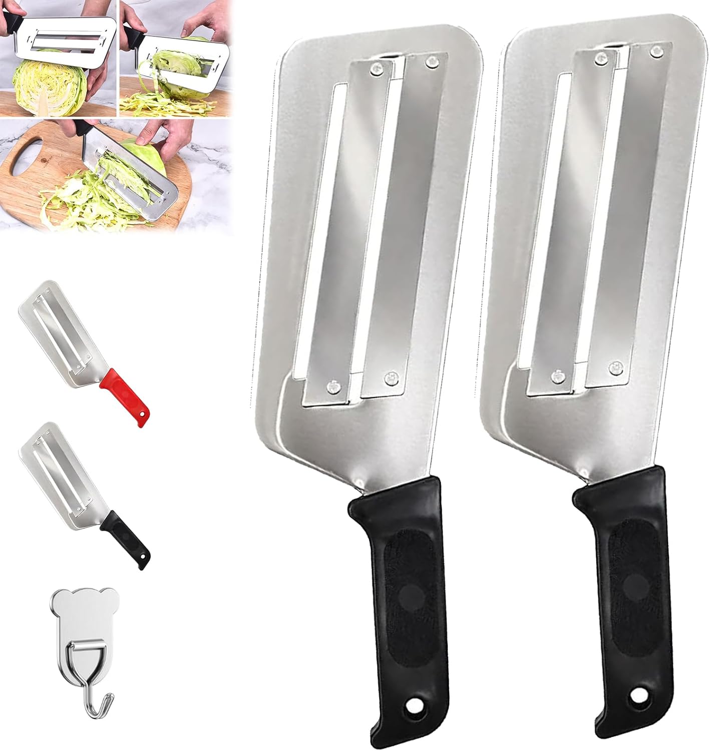 Cuchillo Triturador de Repollo – Cuchillo Triturador de Cocina con Hoja de Acero Inoxidable Afilada, Cabbage Shredder Manual para Sauerkraut, Coleslaw y Vegetales (2pcs Black)