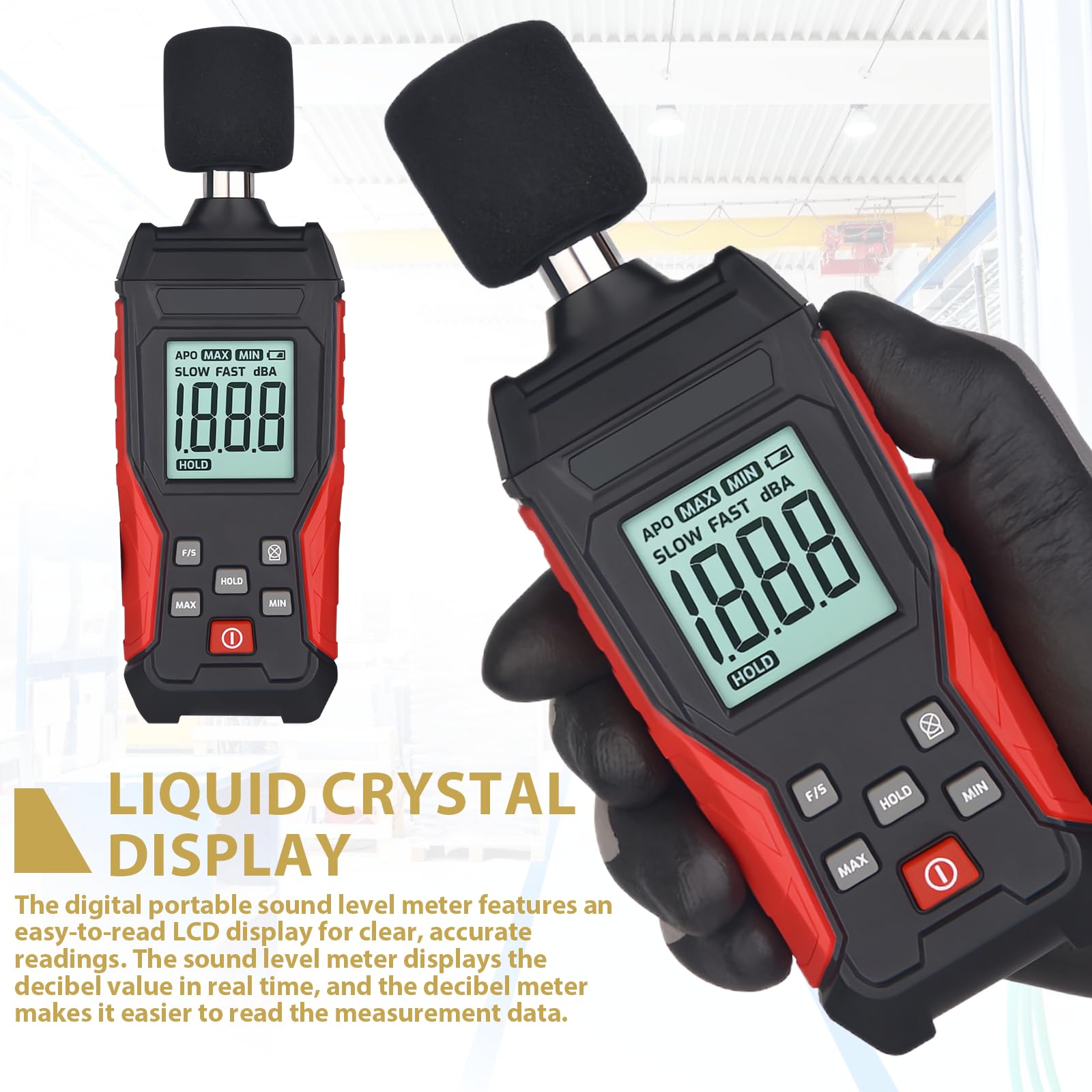 Medidor de decibelios profesional con almacenamiento de datos | Medidor de nivel de sonido digital portátil | Medidor de nivel de sonido 30 – 130 dB (A/C) para casa, obra, oficina | Iluminación LCD