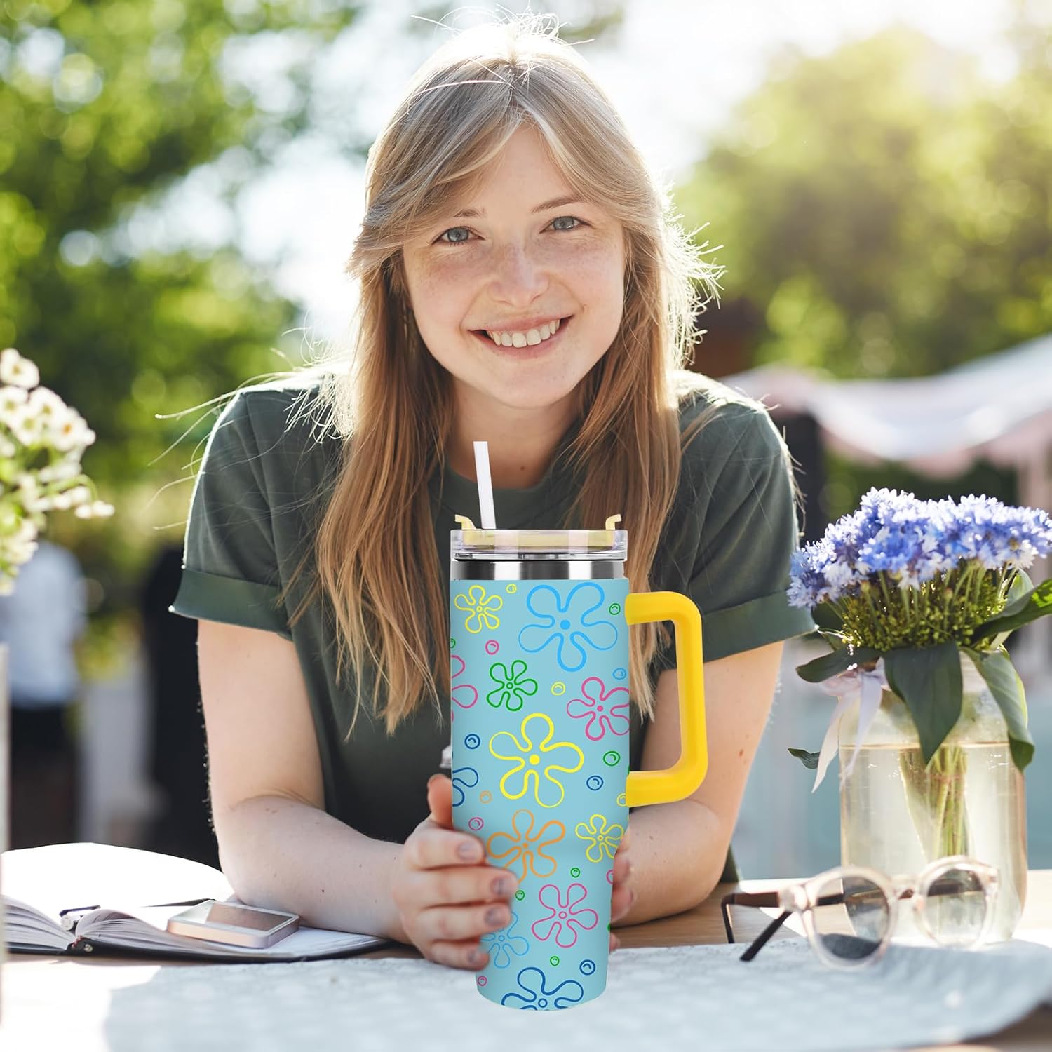 JarThenaAMCS Cartoon Sponge Tumbler with Handle 40oz Flower and Bubbles Tumbler with Lid Straw Blue Yellow Stainless Steel Cup for Home Office Travel - Image 5