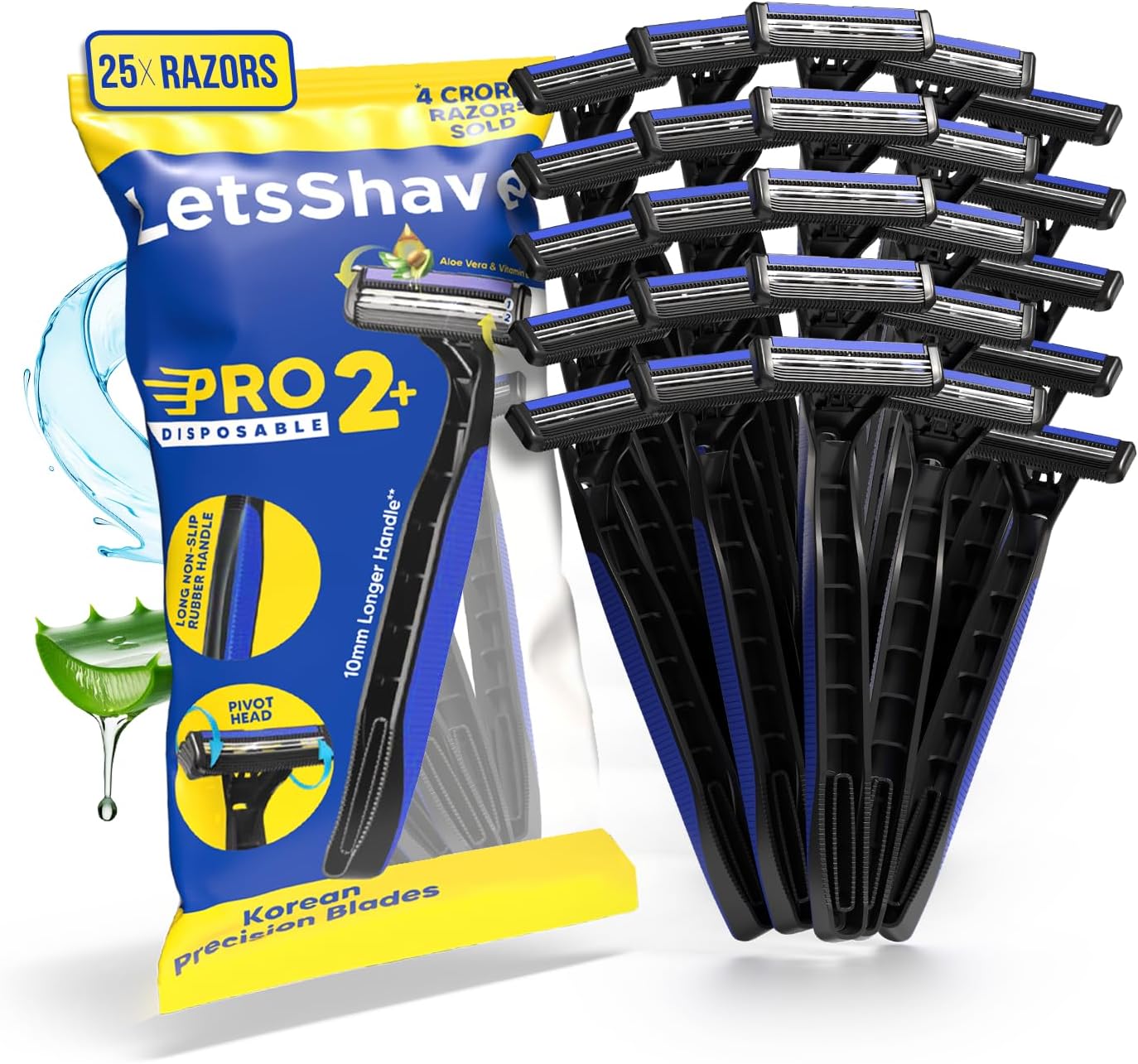 Pro 2 Plus Disposable Razor for Men, Pack of 20 + 5 Free, Rubber Grip Handle, Stainless Steel Twin Blades Made in South Korea, Pivot Head, Everyday Shaving Comfort