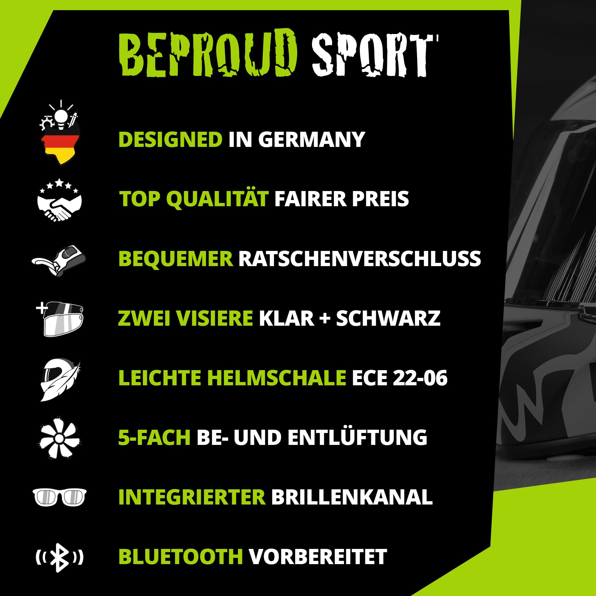 Broken Head Integralhelm BeProud Sport - Leichter Motorradhelm mit 2 Visieren (Klar + Schwarz), Verstellbare Belüftung - ECE 22-06
