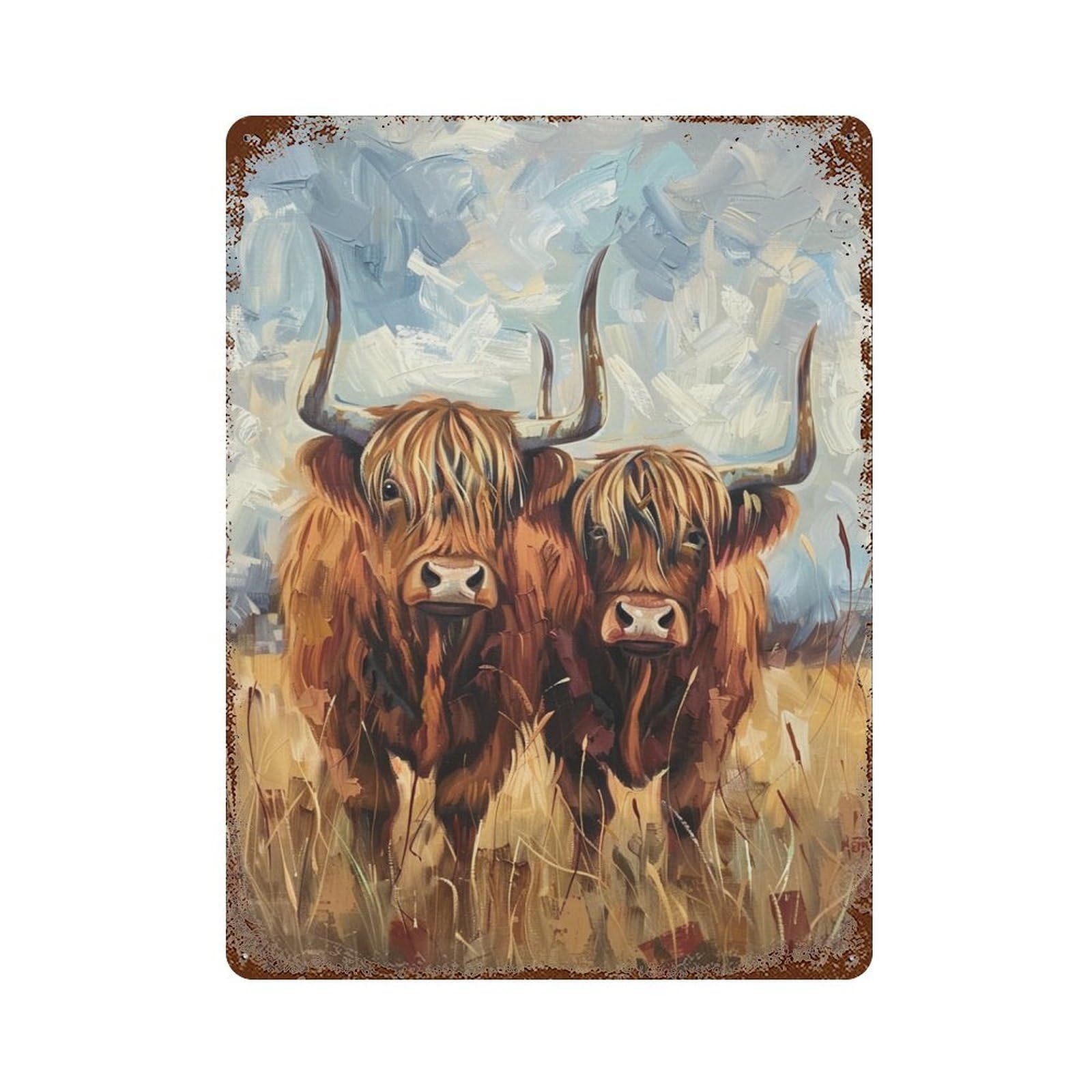 Scottish Highland Cow Painting 15.7"x11.8" Vintage Rust Metal Sign, Novelty Wall Decor for Living Room, Hallway And Home Decor
