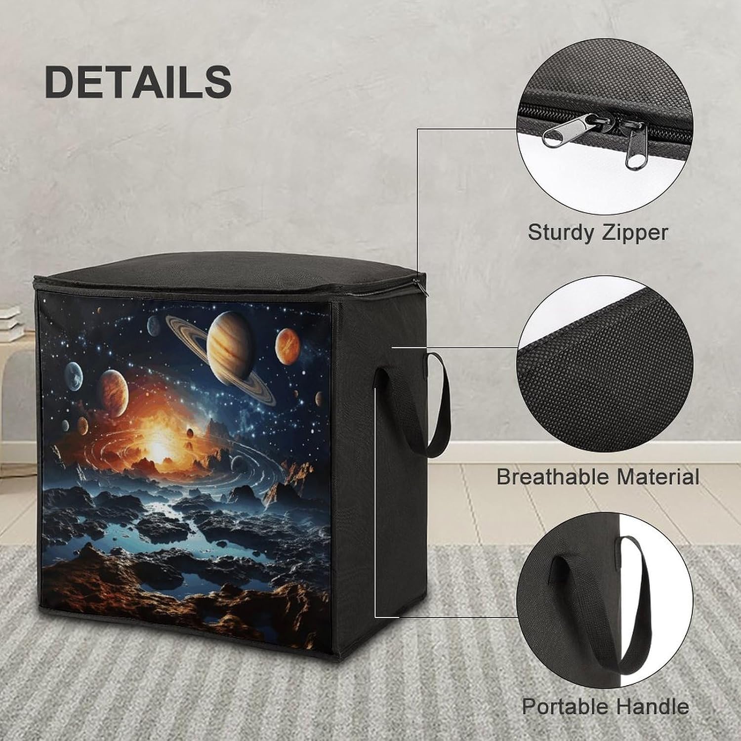 Planets Stars And Milky Way Galaxy Storage Bag with Zippers And Handle Extra Large Bedding Comforter Storage Bag Foldable Blanket Storage Bags Fabric Moving Bags for Closet Organizer (70L)