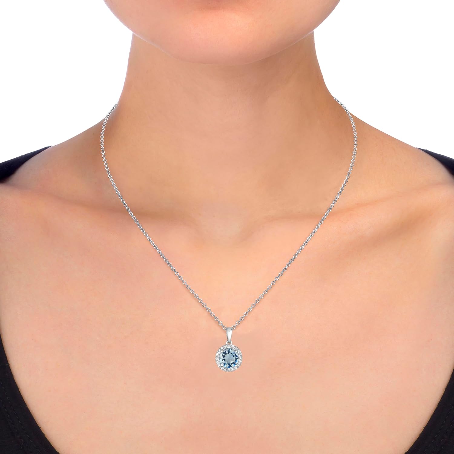 14K White Gold Genuine Aquamarine 1-1/3Ct, Diamond Halo Pendant Necklace