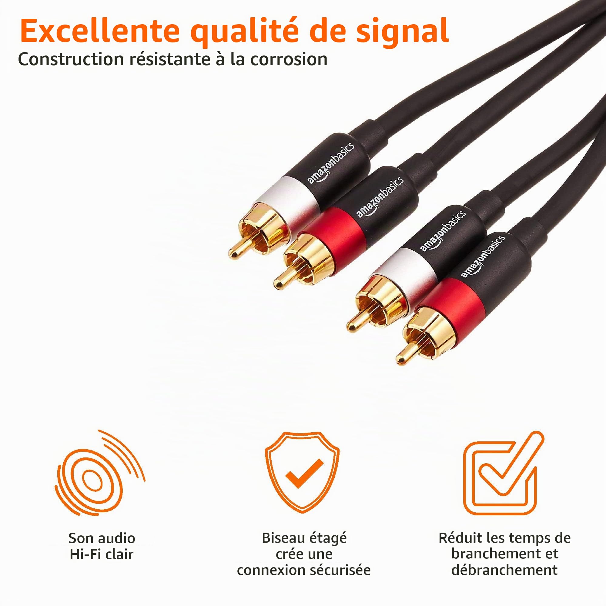 Hercules DJMonitor 32-2 Enceintes de Monitoring Actives de 15 Watts RMS chacune & Amazon Basics Câble Audio RCA 2 mâles vers 2 mâles - 2.4 m, Rouge/Blanc