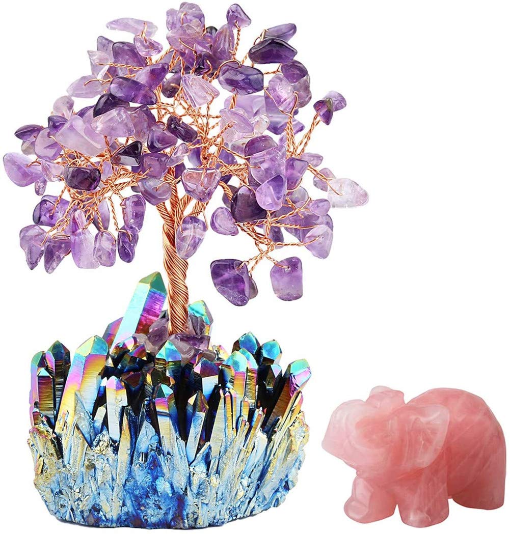 Generic Brands Amethyst Crystal Money Tree Crystals Base & Rose Quartz Elephant Statue Figurine for Feng Shui, Wealth and Luck
