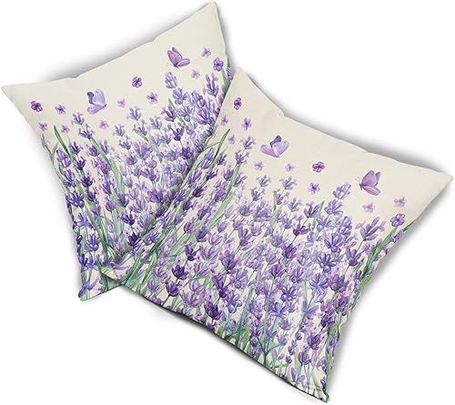Miniatura 8 de Juego de 2 fundas de almohada de lavanda floral morado de 18 x 18 pulgadas, para primavera y verano, acuarela, mariposa, hojas verdes salvia, para