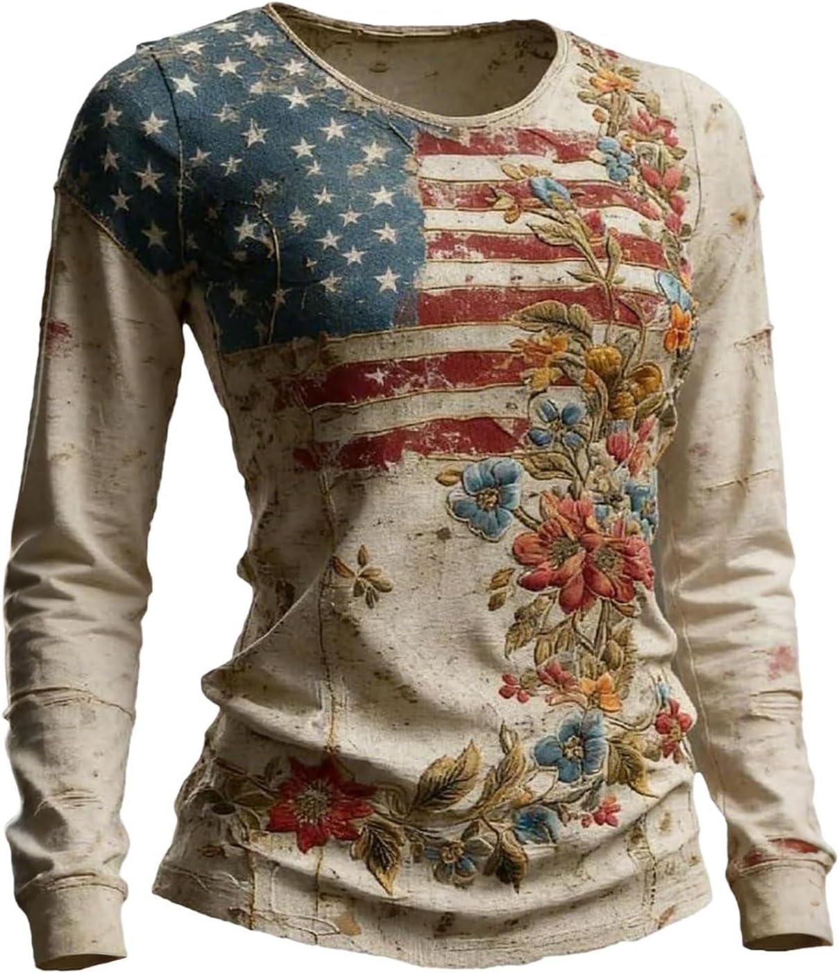 Women's American Flag Shirt, 4Th of July T-Shirts, Long Sleeve Crewneck Patriotic Blouse, S-3XL
