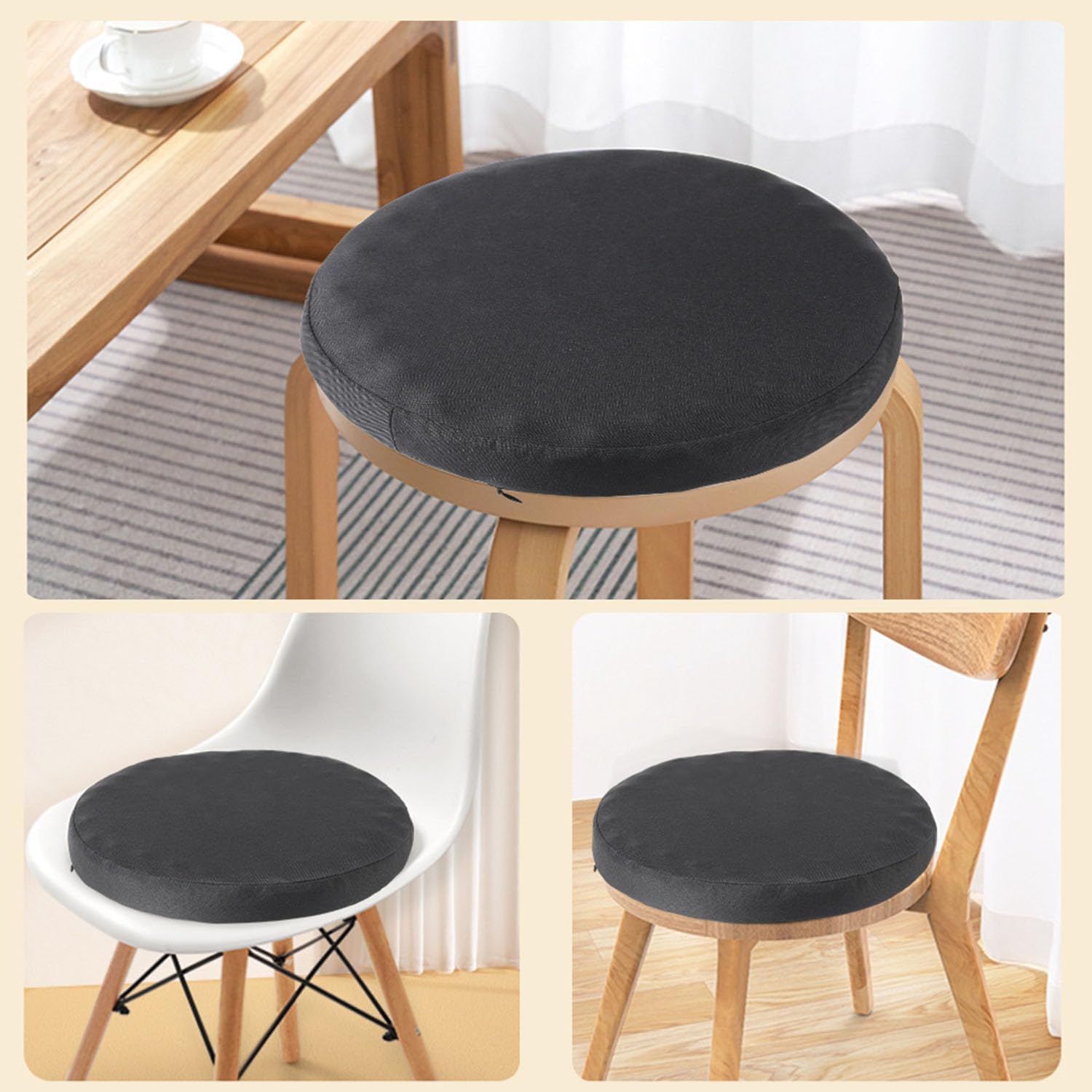 Greenjin 14" Thick Foam Bar Stool Cushion, Anti Slip Round Chair Pad, Detachable Chair Seat Cushion Cover, Circle Stool Pad for Kitchen Dining Chairs Bistro Bar High Stool Cotton Black