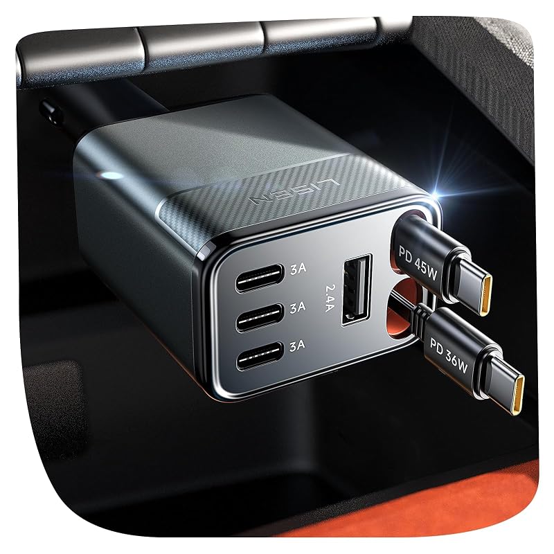 Carregador Veicular USB-C LISEN 138 W com 6 Portas, 2 Cabos Retráteis e Ajuste de 180°