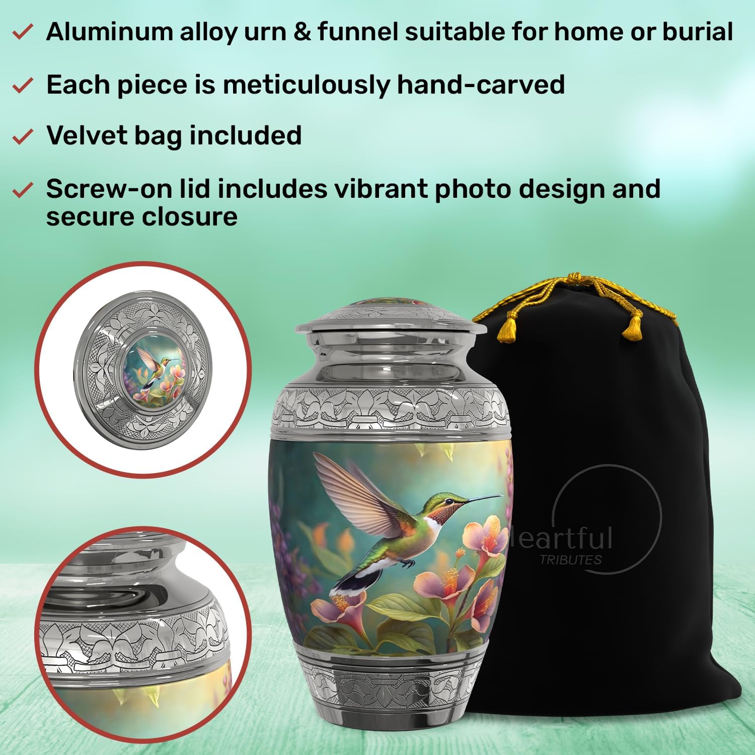 Large Hummingbird Cremation Urn (4-Piece Set) for Human Ashes with Funnel and Matching Handcrafted Vase (Women, Adult Female) (JDL-Hummingbird-Large)