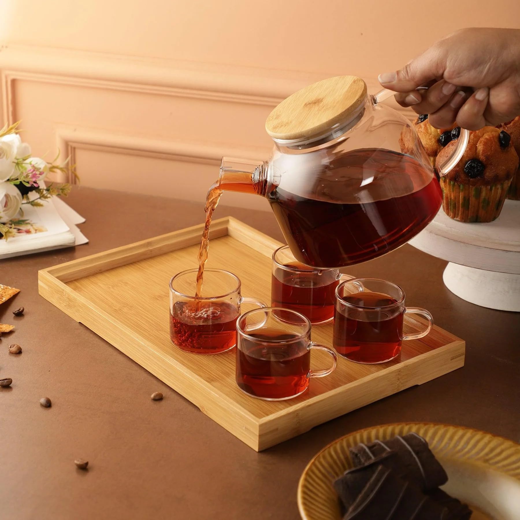 Inovique Enterprises Nirvana 8-Piece Borosilicate Glass Transparent Teaset | 1L Stovetope Safe Kettle & 6x130ml Cups with Wooden Tray | Perfect for Tea and Coffee