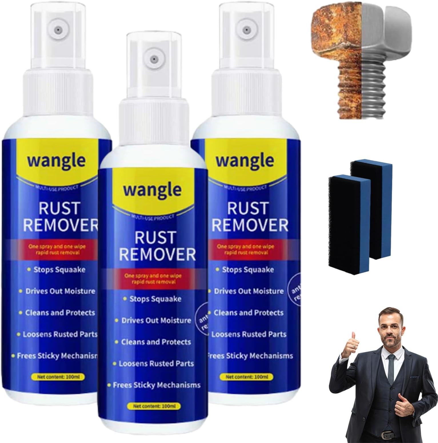 Wangle Rust Remover, 2026 Upgrade 100ml Anti-Rust Spray, Multi-functional Fast-Acting Rust Removal Inhibitor Lubricant for Metal Vehicles Tools Chains Automotive Maintenance (3pcs)