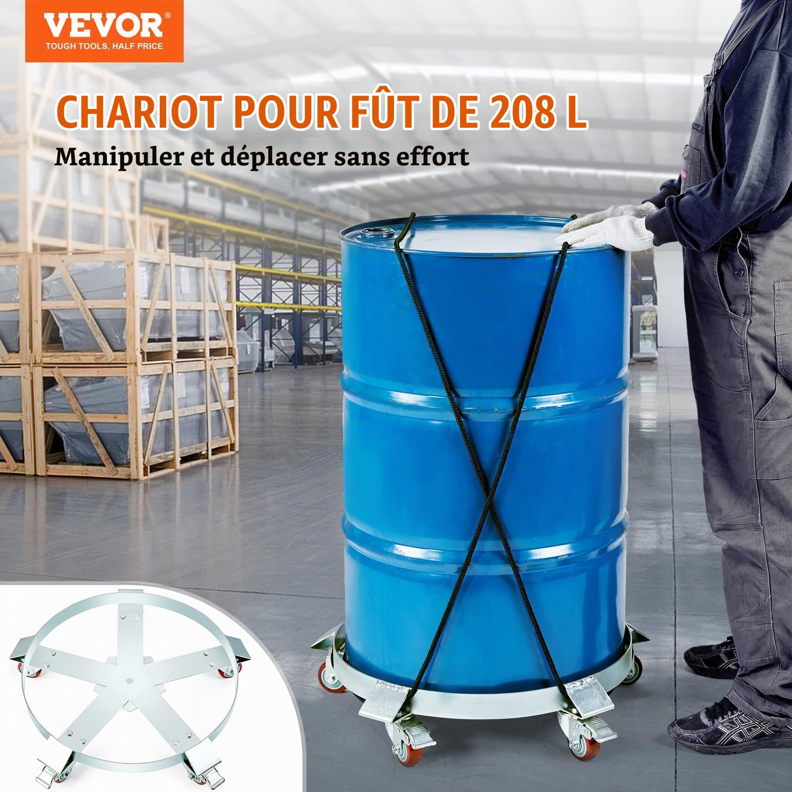 VEVOR Porte-Fût 250 L Chariot à Baril Capacité de Charge 567 kg Plateau Roulant avec 5 Roulettes Pivotantes Cadre Acier Socle Rouleur Outil pour Manutention Fûts Tambours Bidons Huile Entrepôts Usines