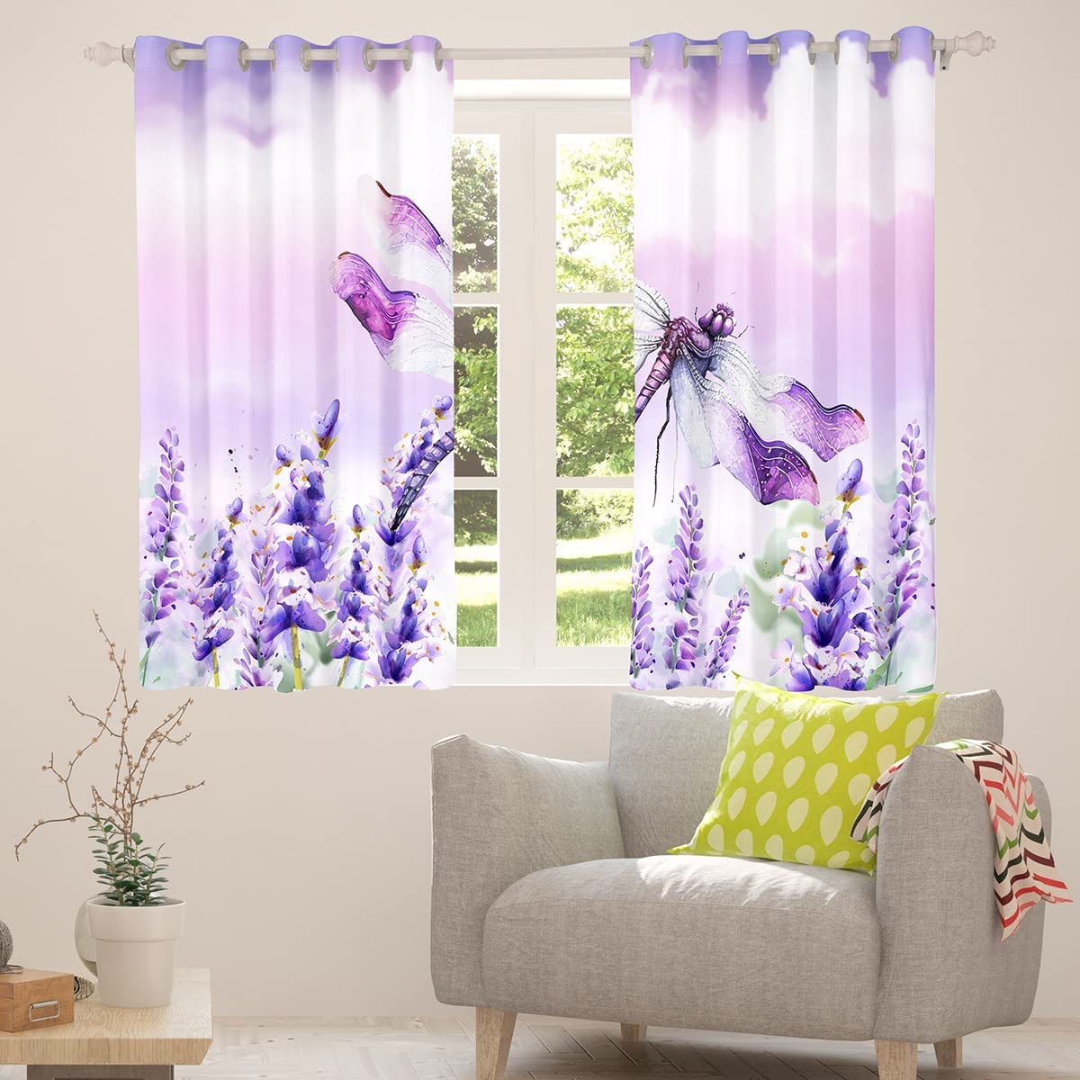 Manfei Dragonfly Blackout Curtain Lavender Flower Window Drapes for Kids Boys Girls Room Decor Botanical Floral Print Window Treatments Grommet Top 2 Panel Set Bedroom Curtains - Image 4