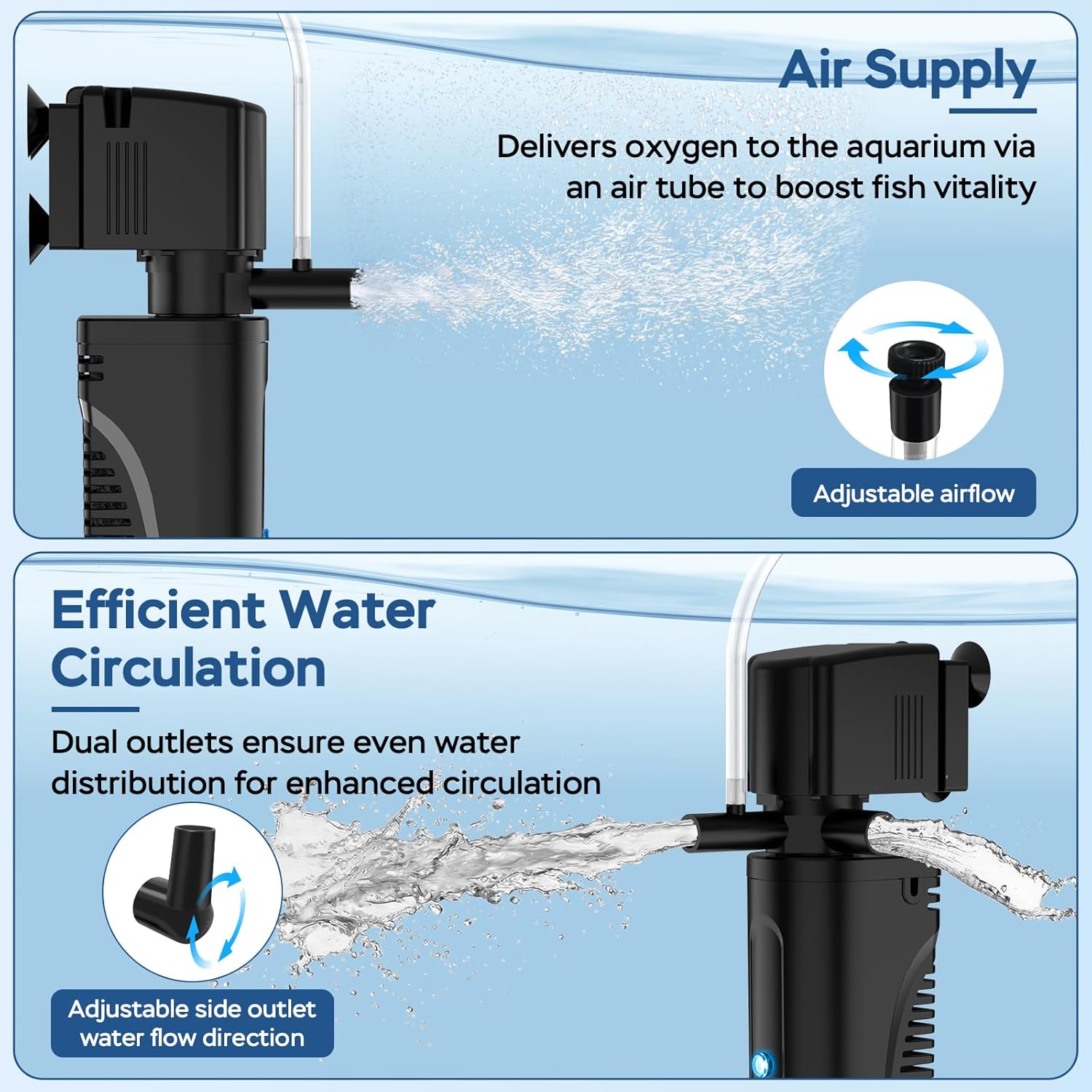 Aquarium Filter, U-V Fish Tank Filter with Timer for Green Water, Turtle Tank Filter, Internal Filter with Dual Water Outlet & Aeration, for 10-30 Gallon Tank