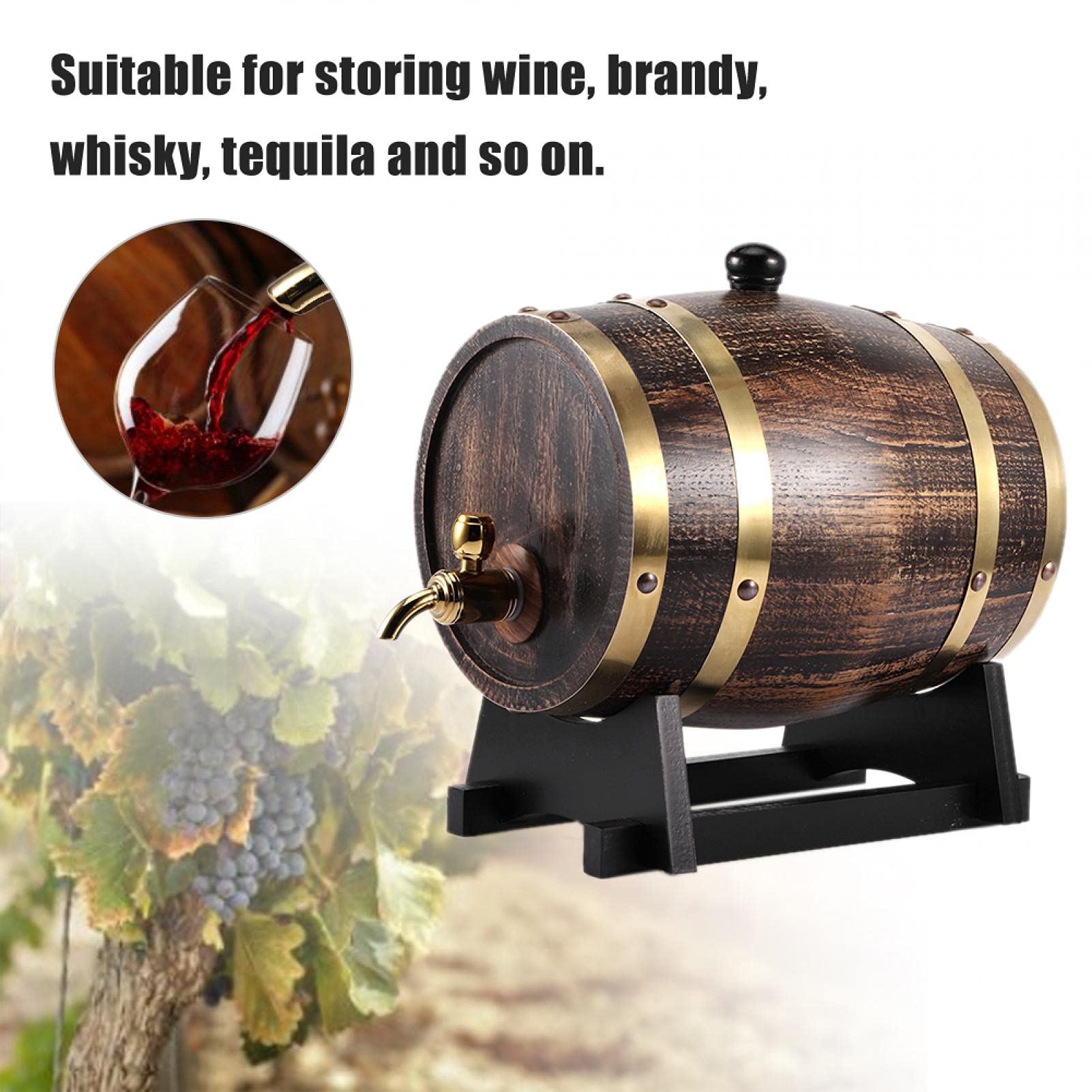 Barril de envejecimiento de roble, 3L Estilo retro Madera de roble Vino tinto Brandy Barril de whisky Contenedor de cubo de barril con grifo