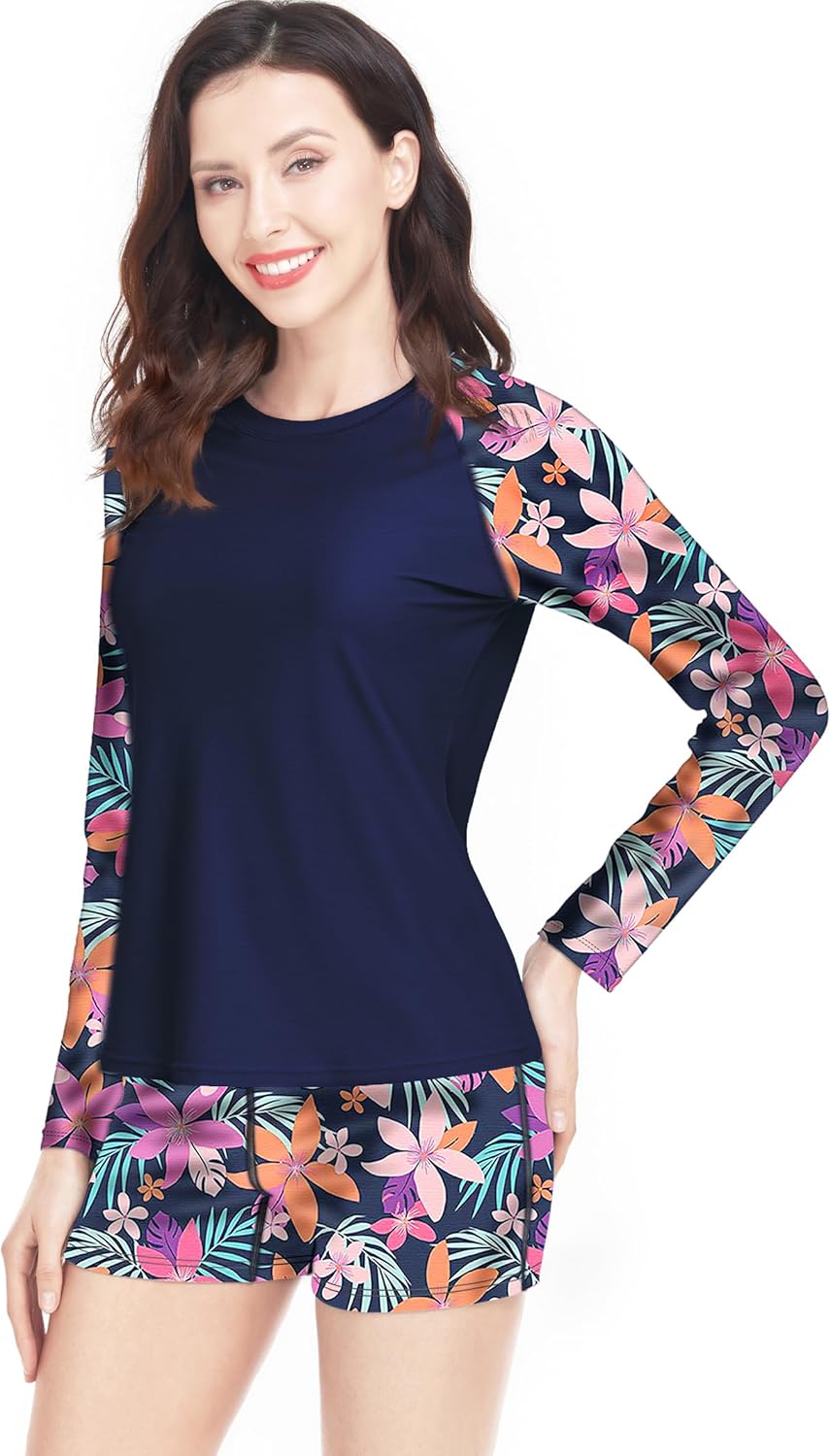 Davena Women 2 Piece Long Sleeve Rash Guard with Built in Bra Swimsuits UPF 50+ Swim Shirt with Boyshort Bottom