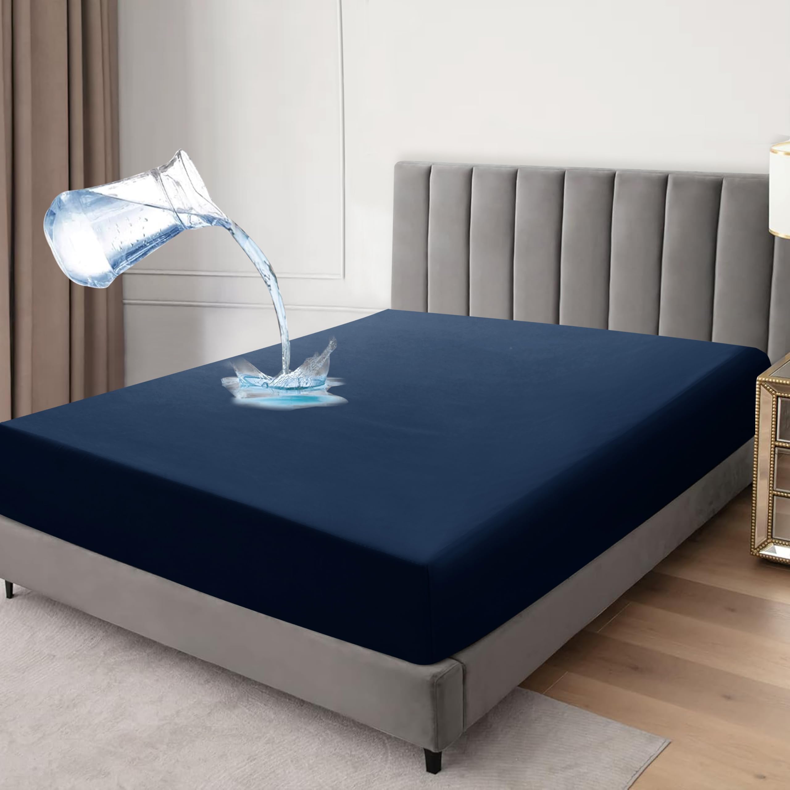 Waterproof Fitted Sheet Mattress Protector, Microfiber, Breathable Crinkle Free Deep Pocket 30cm Single Double King Super King (Navy, Super King) โ image 1