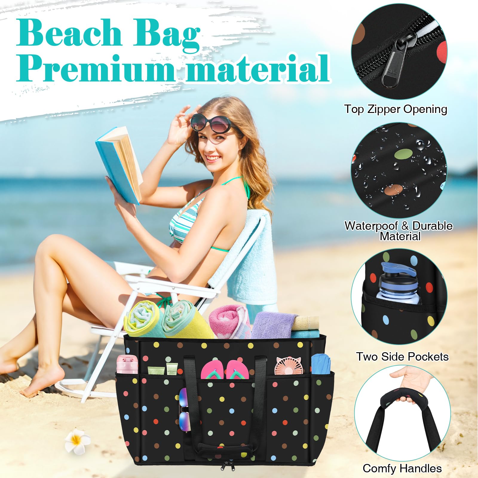 LUROON Bolsa Playa Grande XXL Familiar con Cremallera Impermeable Bolso de Playa Mujer Plegable Shopper Bolso Playa Mujer para Viaje Compras 50 * 35 * 20cm