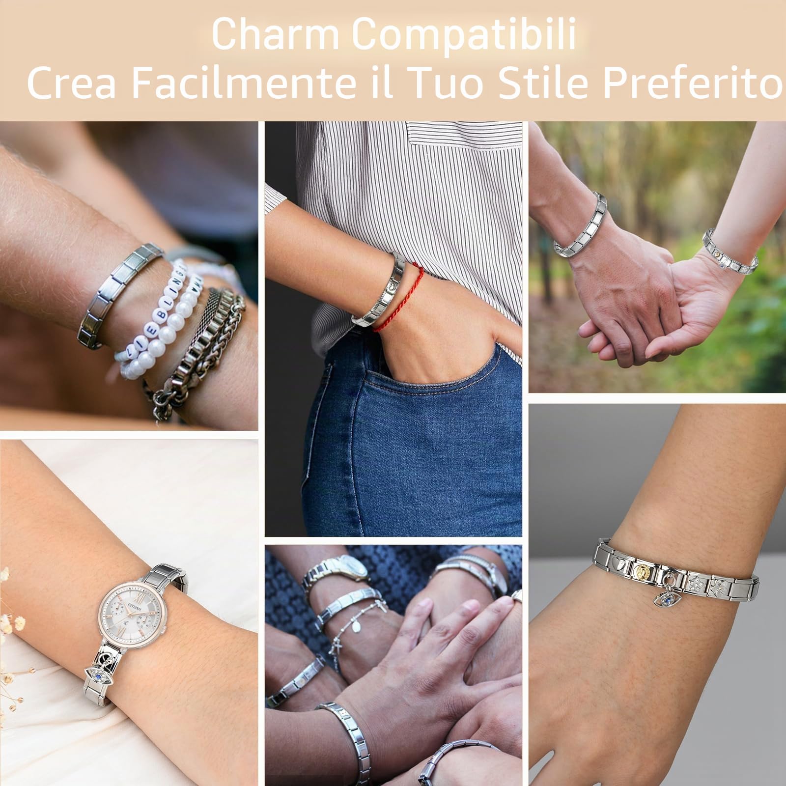 Johiux Italian Charm Bracciale da donna, con charm italiano, in stile italiano, con 5 ciondoli italiani, regalo per donne, fidanzate, regali personalizzati