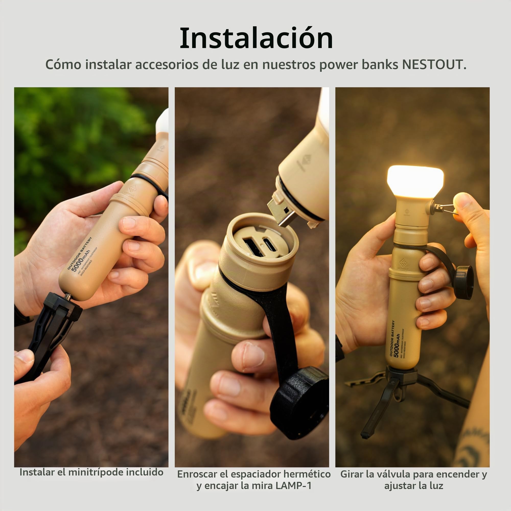 ELECOM NESTOUT - Linterna LED para camping al aire libre con mini trípode, luz LED regulable, IP44, resistente al agua, 30-1000 lúmenes, color negro