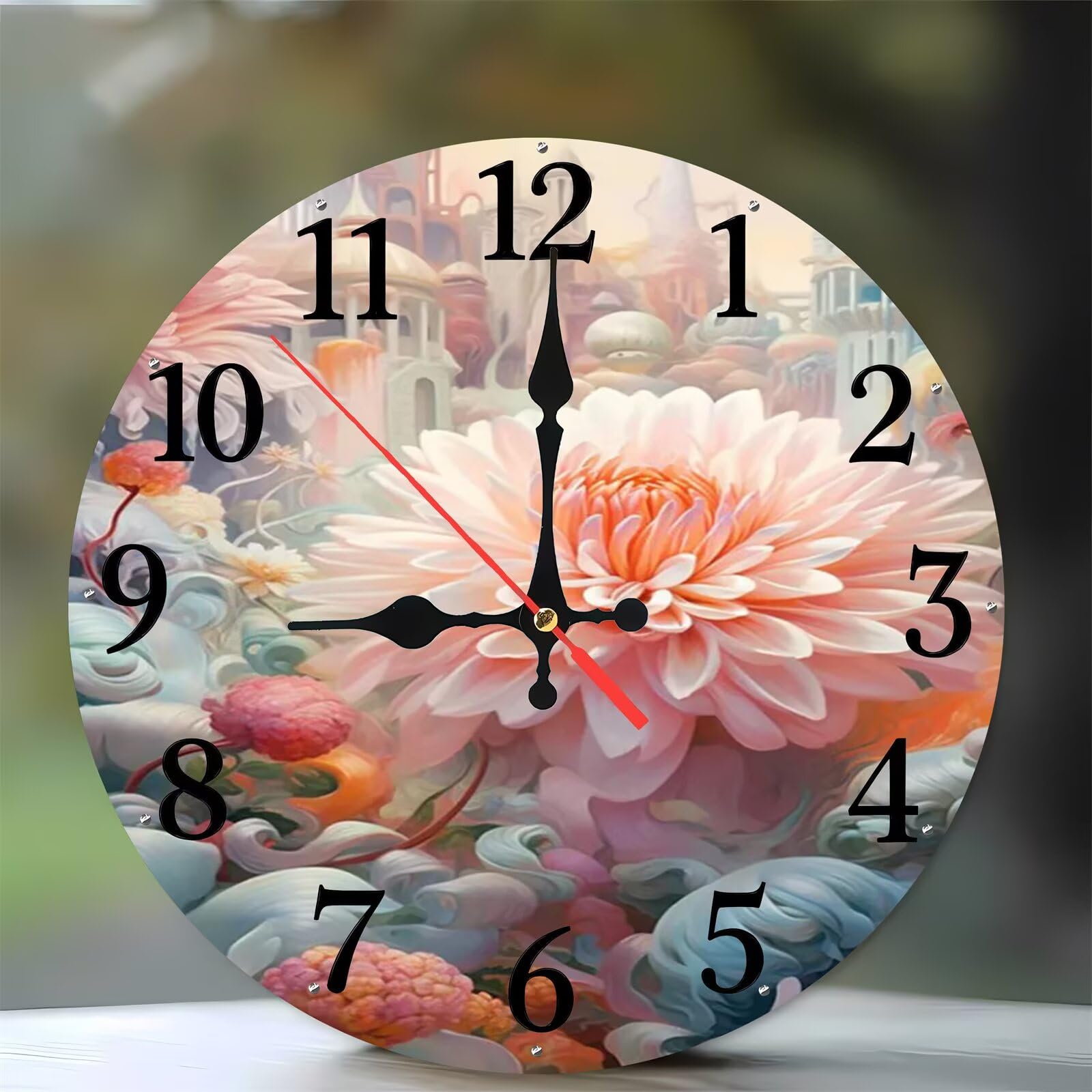 Horloge murale moderne bois sans tic-tac 35cm motif chateau rose pour cuisine et salon