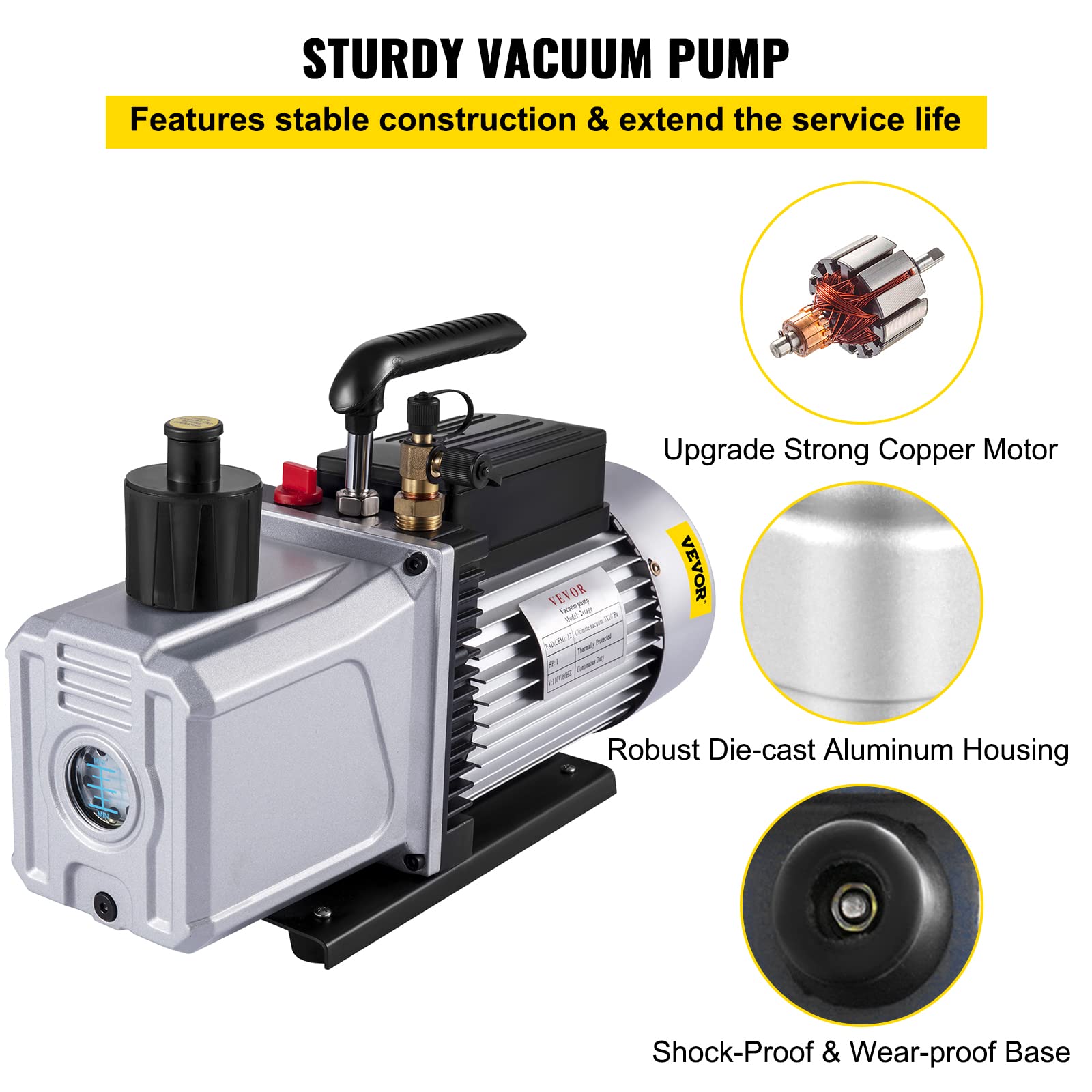 VEVOR Pompa próżniowa 12 CFM pompa podciśnieniowa 1 HP 0,3 Pa, bardzo wydajna pompa próżniowa, idealna do klimatyzacji domu, konserwacji samochodu, pakowania próżniowego