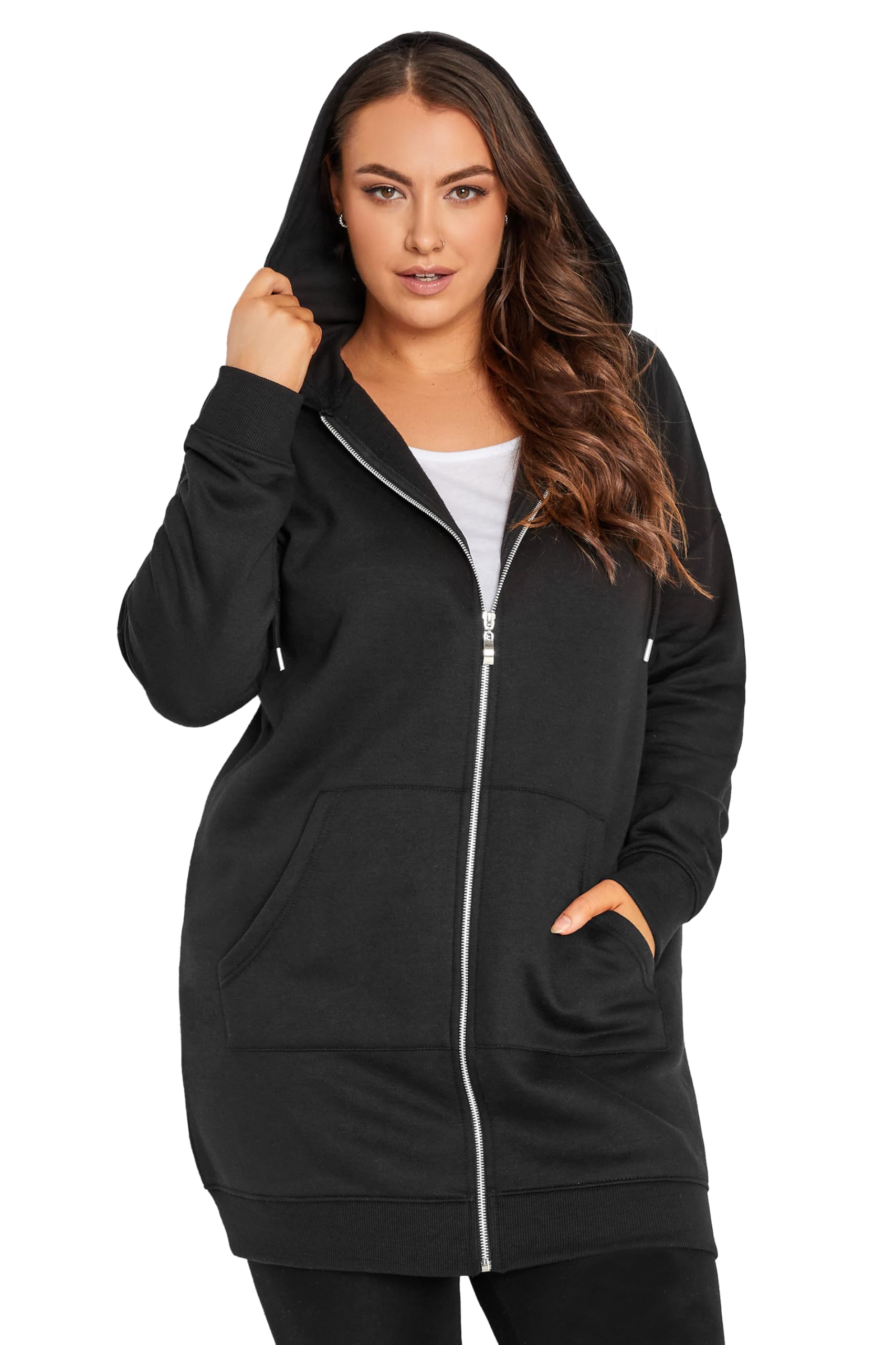 Yours Longline Zip Through & Hoodie, Black, Size 26-28, Women