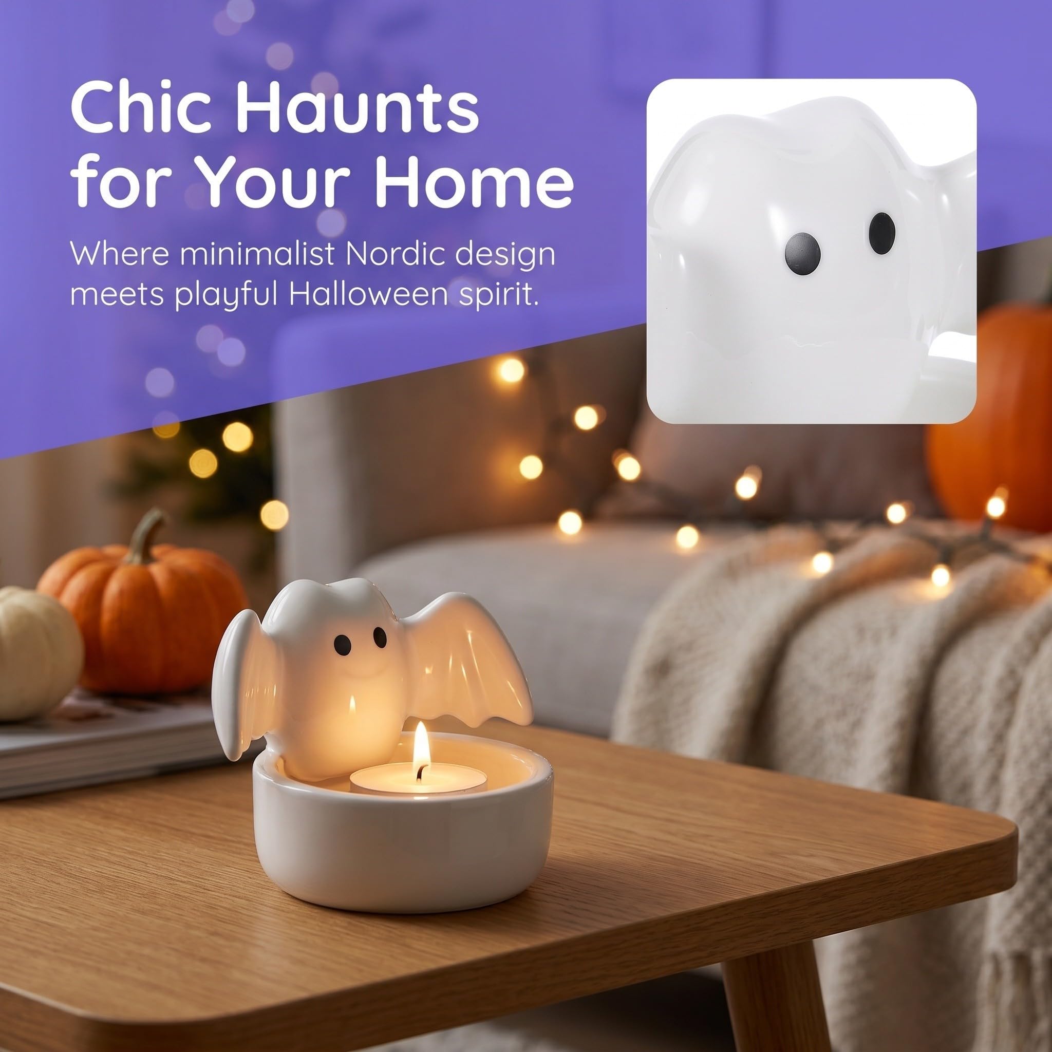 Sewroro 3 Piezas Portavelas de Cerámica Blanco Diseño de Fantasma y Estilo Nórdico para Decoración de Halloween en Casa u Oficina Iluminación Ambiental y Soporte Resistente