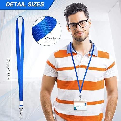 Miniatura 3 de Paquete de 50 cordones azules a granel para soporte de tarjetas de identificación, cordón plano duradero con gancho giratorio y clip para insignia