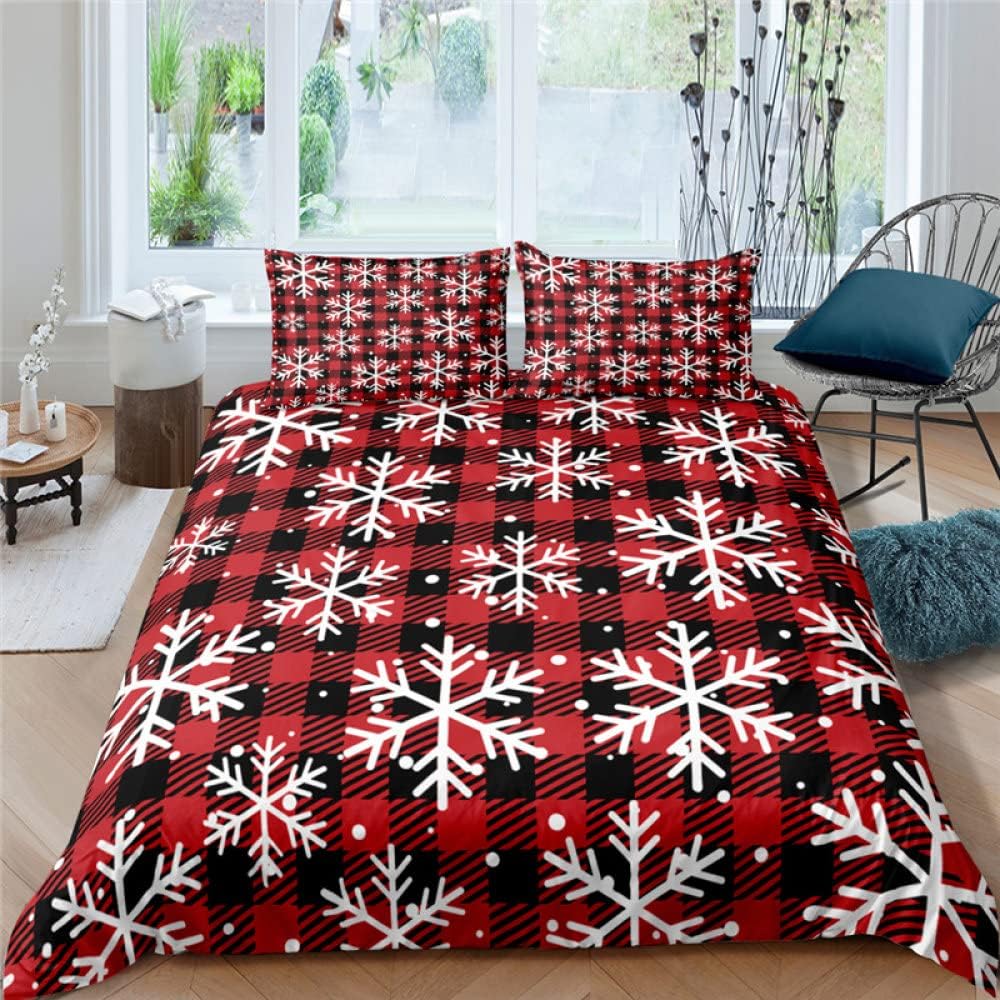Juego de Ropa de Cama con Funda de Edredón con Estampado de Copo de Nieve 260x240 Funda Nórdica con decoración Navideña Juego de Edredón Boho Doble Tamaño King para Aldult Girls Gift/Wine Red,S