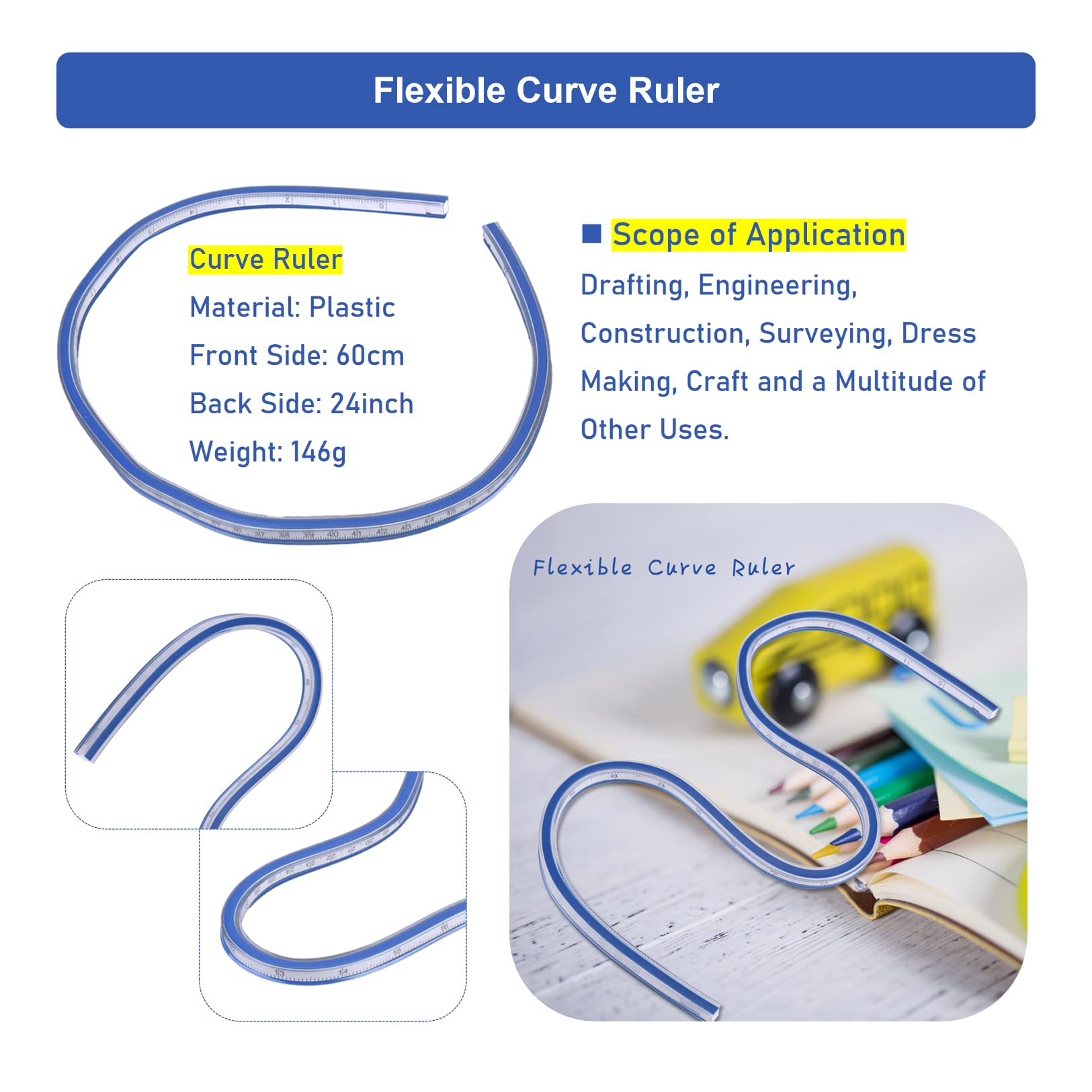 Righello Flessibile Per Curve - 60cm In Vinile, Per Disegno E Cucito