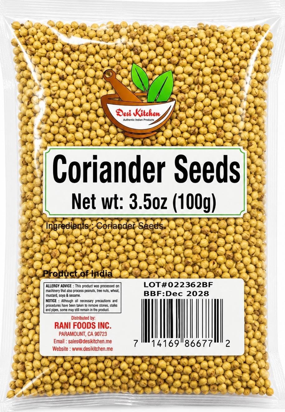 Desi Kitchen Coriander Seeds 100g (3.5oz) | Premium Whole Dhania | Fresh & Aromatic | Non-GMO | Product of India | By Rani Foods