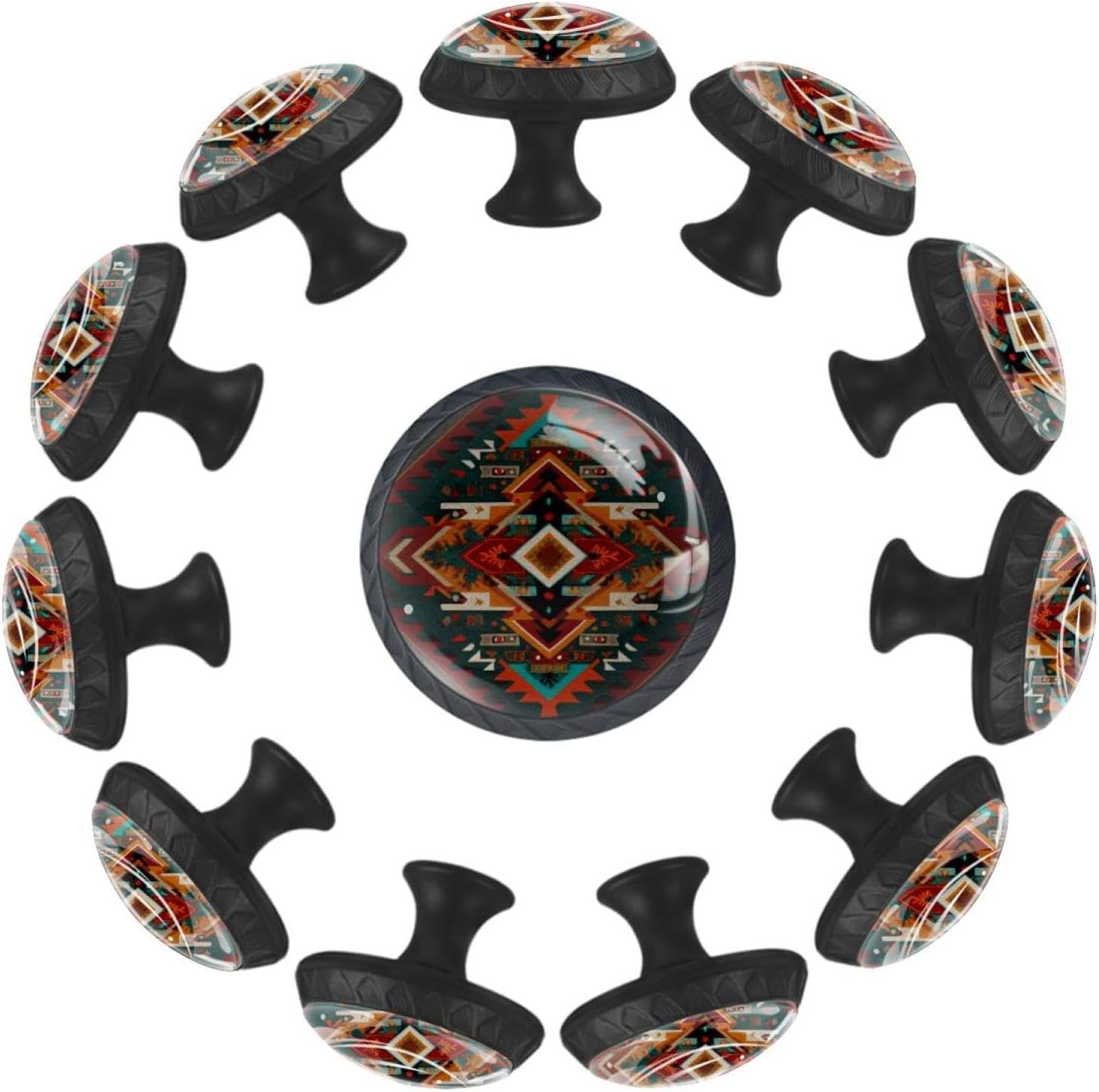 Black Base Retro Boho Aztec Pattern (3) Glass Cabinet Knobs, Practical Drawer Pulls for Kitchen Cabinet Bathroom