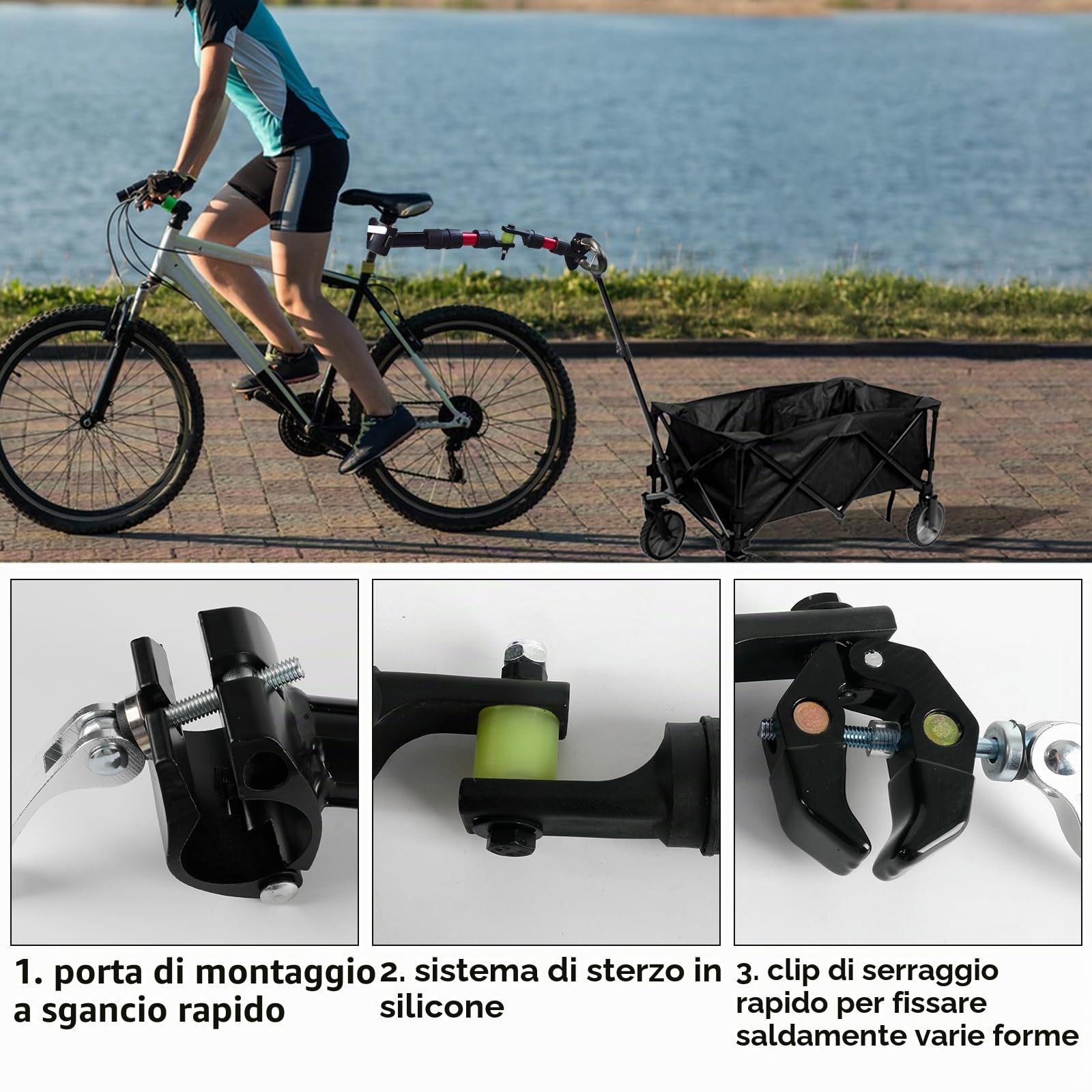Gancio di traino per bicicletta, connettore girevole a 270° per carico della bicicletta, design modulare di componenti in nylon, sistema di smorzamento e sterzo, adatto per biciclette con tubo