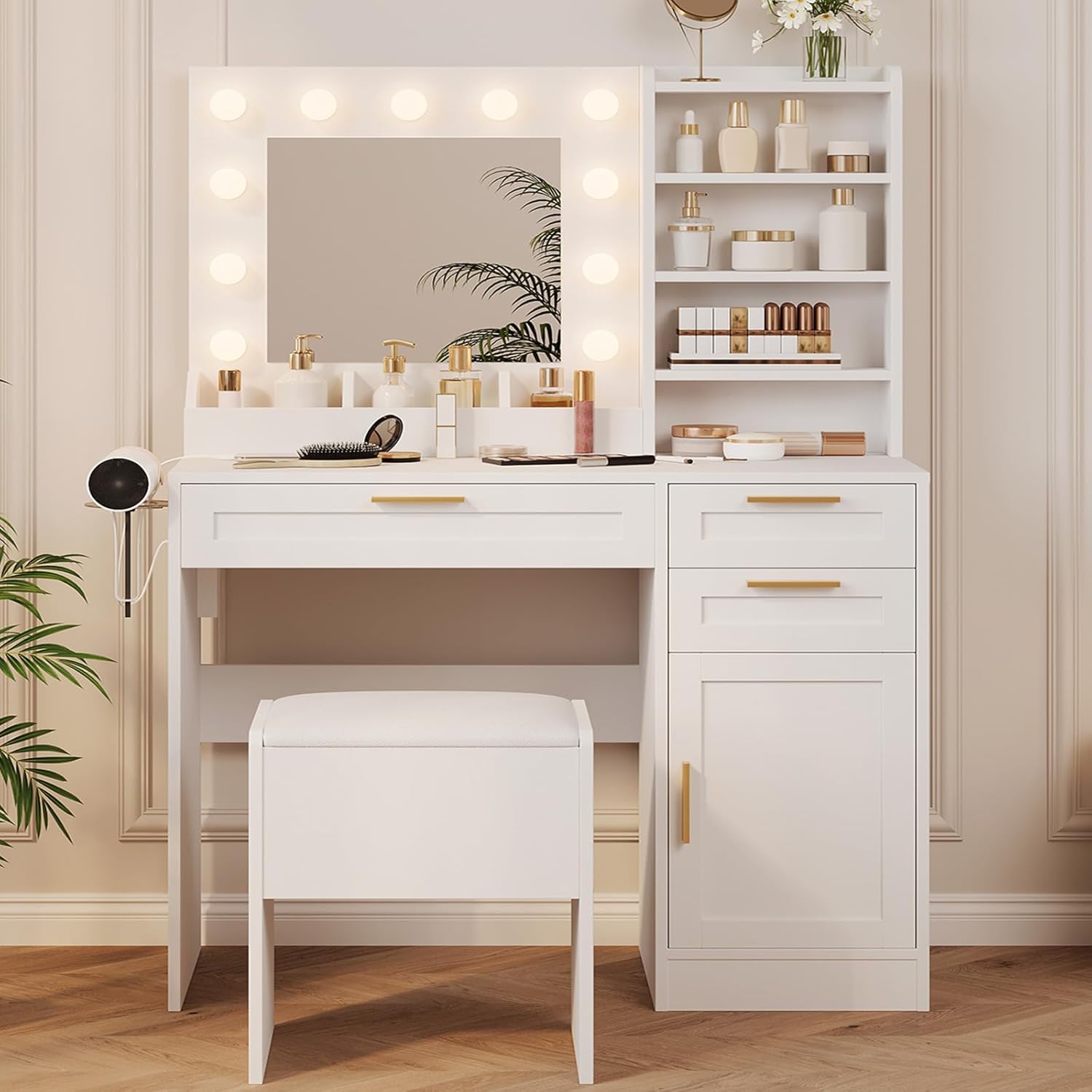 Vanity Desk with Mirror and Lights, 37" Makeup Vanity Set, Makeup Vanity Desk with 3 Drawers, Padded Stool, Cabinet, 3 Color Adjustable Brightness, Power Outlets, Dressing Table for Bedroom(White)