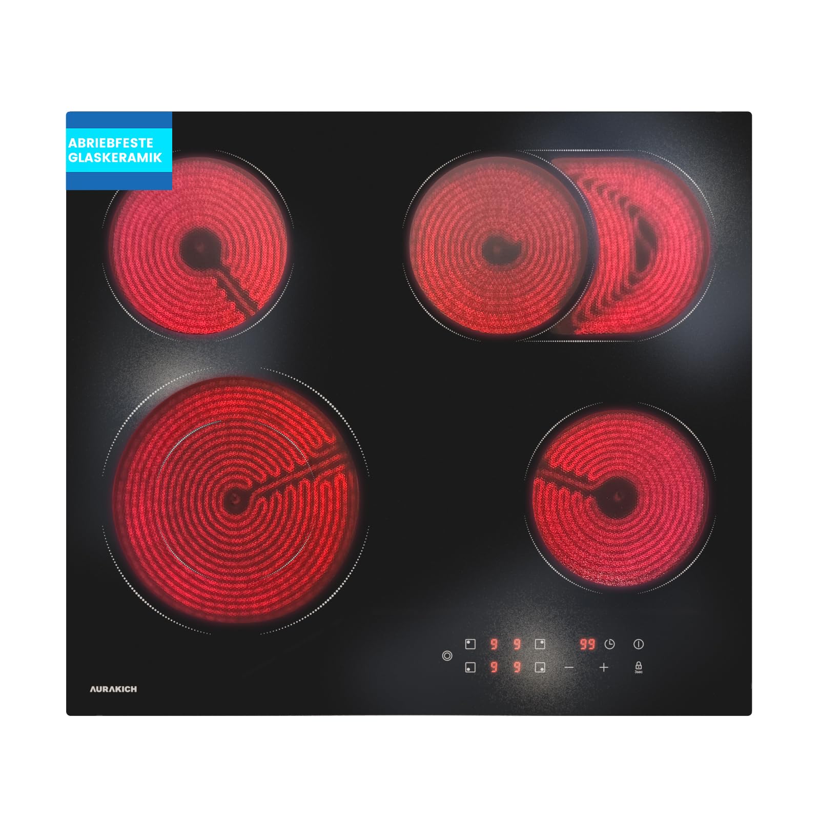Glaskeramikkochfeld 4 Platten, Einbau-Kochplatte mit Abriebfeste Glaskeramik, 2 Jahre Garantie, 59cm, 6600W Touch, Doppelring- & Ovalzone, Timer 1-99 Min, Kindersicherung, für alle Töpfe