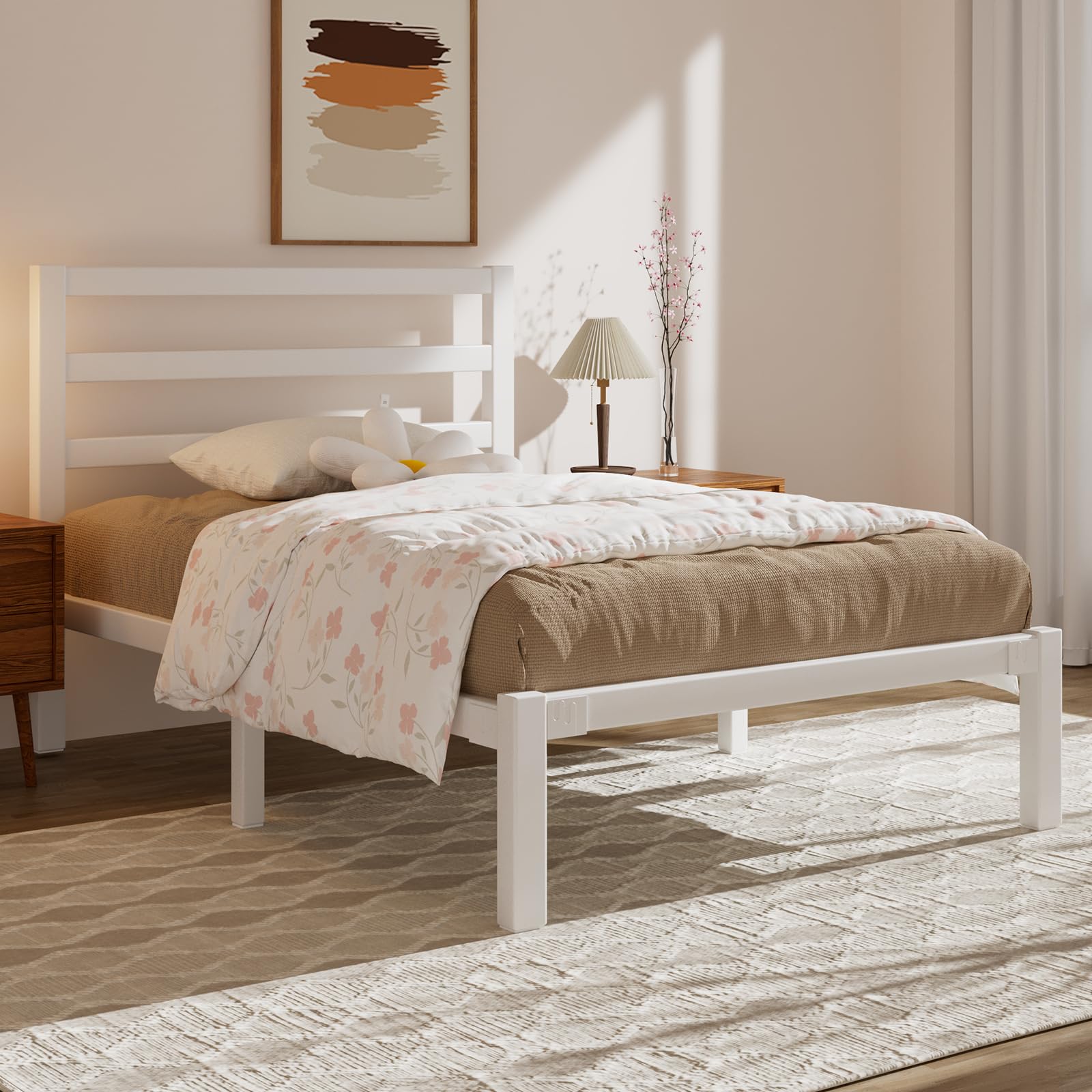 E-Motie Bett 90×200, Metallbettgestell 90 × 200 cm mit Kopfteil, Stauraum unter dem Bett, Modernes Jugendbett mit Lattenrost, Einfache Montage, Weiß