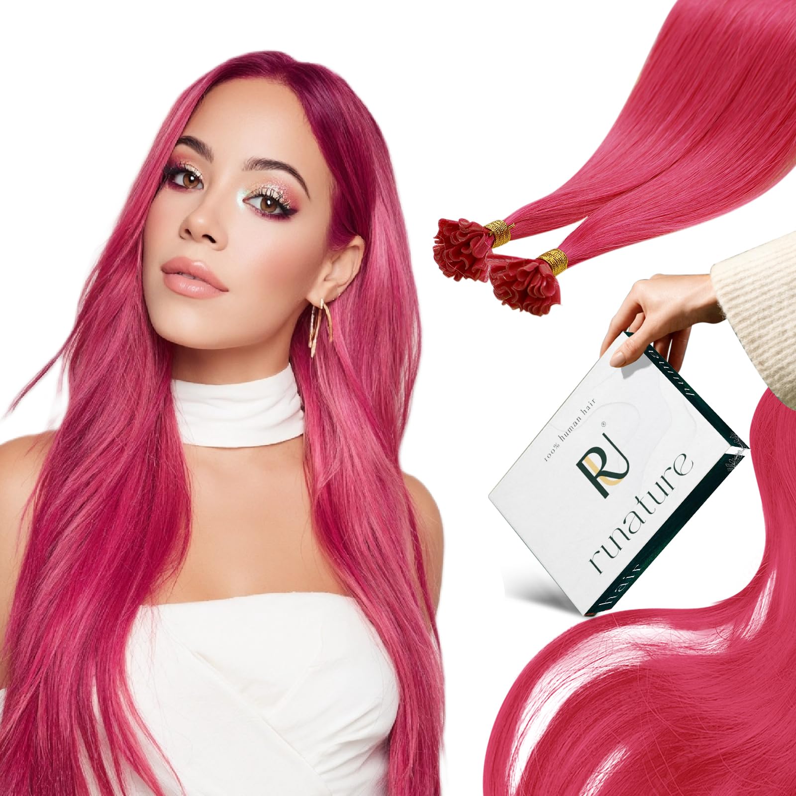 RUNATURE Pink K Tip Hair Extensions Real Human Hair 18 Inch 25g 25s Hot Pink Hair Extensions for Party Hot Fusion U Tip Extensions Colorful Can Be
