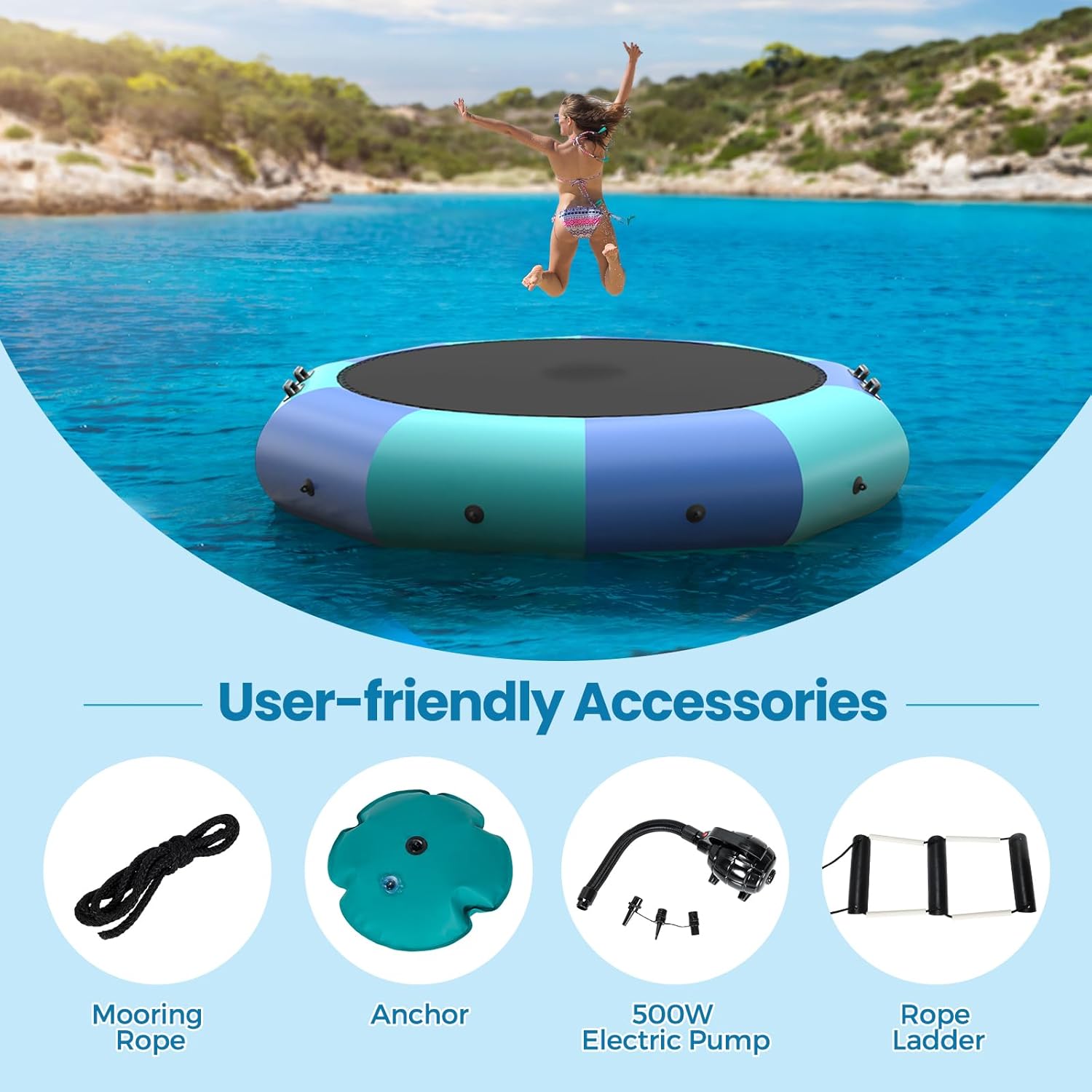 KOTEK Water Trampoline, 10Ft/12Ft/15Ft Recreational Water Bouncer with Electric Pump, Rope Ladders, Inflatable Floating Trampoline for Lake, Pool, Calm Sea Water Sports