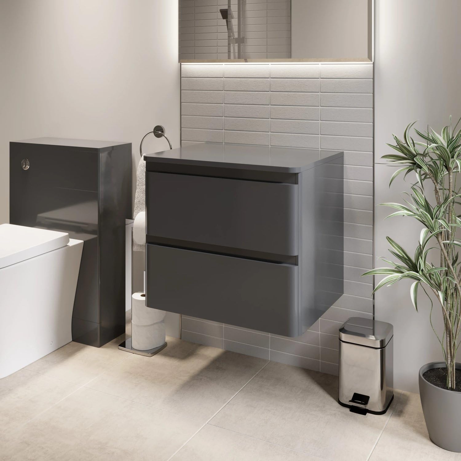 Affine® Forma 600mm Bathroom Vanity Unit Wall Mounted Storage Cabinet Cupboard Furniture Cloakroom, Soft Close Drawers, Grey Gloss, No Basin