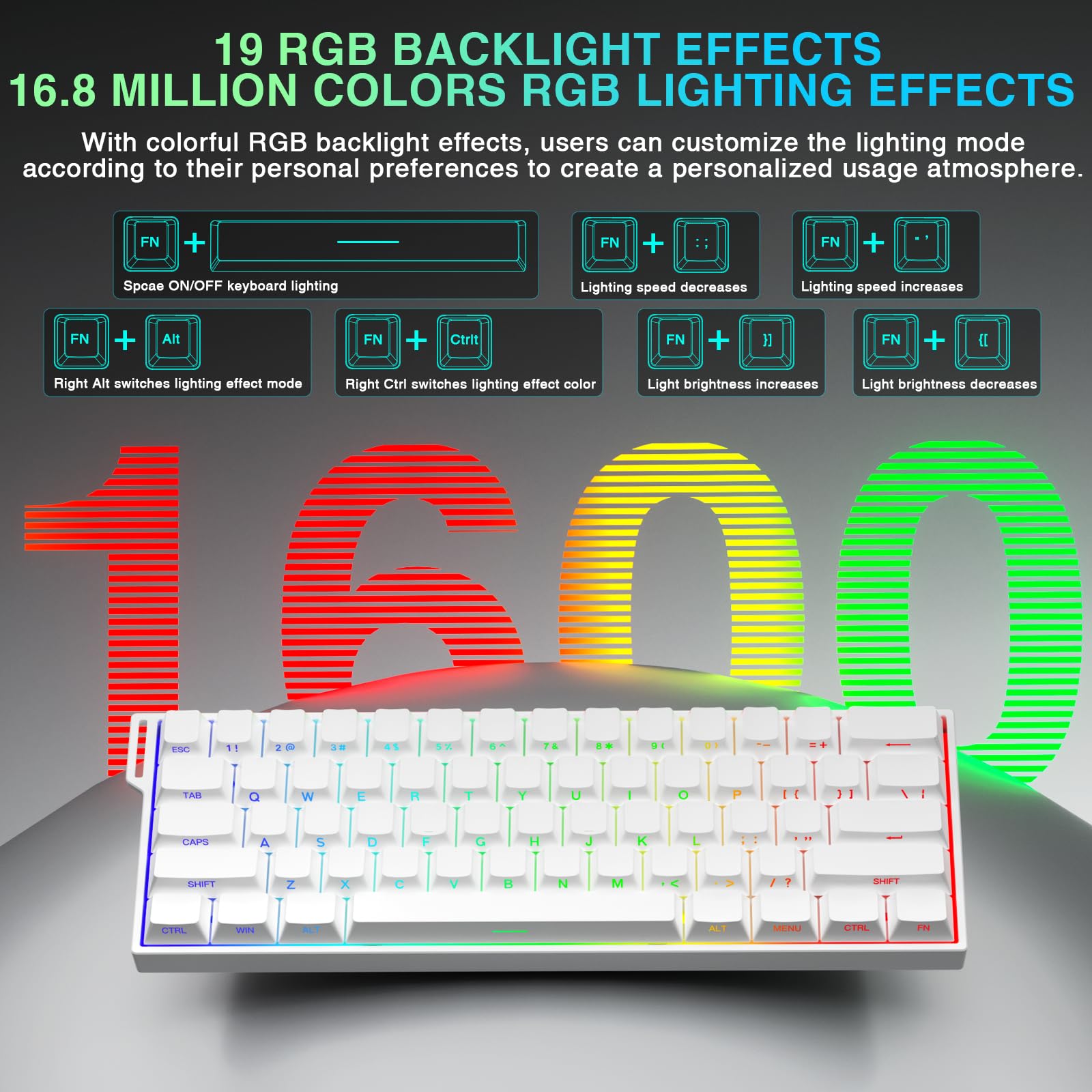 AULA MINI60 Wireless Gaming Keyboard,BT5.0/2.4GHz/Wired,Hall Effect Magnetic Switches,0.01mm RT Accuracy,Adjustable Actuation,8KHz Polling,RGB,WEB Driver,60% Percent Mechanical Keyboard (White) — view 8
