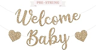 Pre-Strung Welcome Baby Banner - NO DIY - Gold Glitter Baby Shower Gender Reveal Party Banner in Script - Pre-Strung Garland on 6 ft Strand - Neutral Party Decorations & Decor. Did we Mention no DIY?