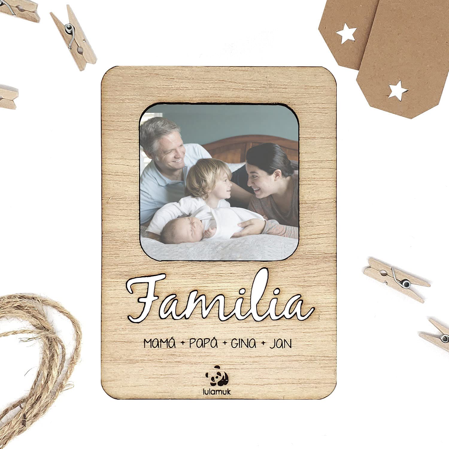 Marco de Fotos Personalizado con Tu Nombre y Texto | Portafotos Imán de Madera Original | Marco Personalizable para Regalo, Bebe, Comunión, Bautizo, Pareja, Padre, Madre | Lulamuk