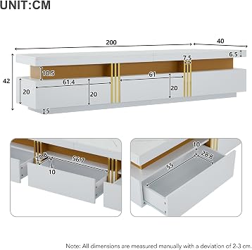 White TV Unit for 89 inch TV, TV Stand with Faux Marble Top, 200cm TV Cabinet with Golden Panel Design and 3 Drawers