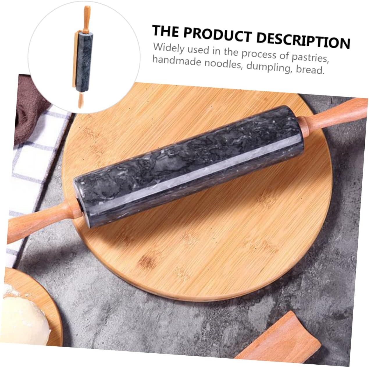 Natural Marble Rolling Pin Dough Roller Wooden Handle Baking Rolling Stick Marble Home Decor for Kitchen