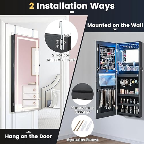 Miniatura 3 de CHARMAID Armario de joyería con espejo LED, armario de joyería con cerradura con espejo ajustable iluminado de longitud completa, 3 juegos de